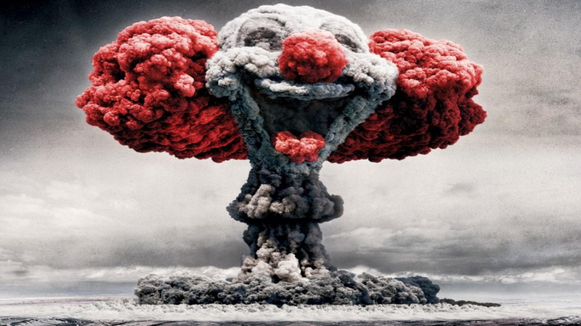 General 1920x1080 clown clouds bombs atomic bomb mushroom clouds digital art dark humor explosion