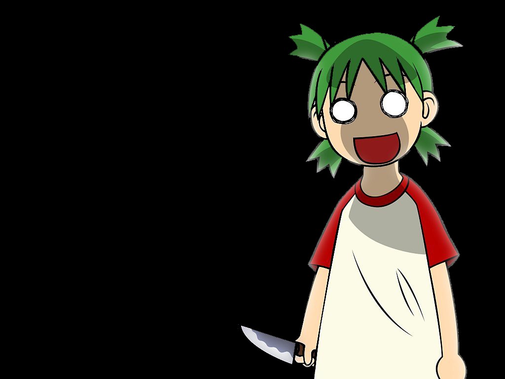 Anime 1024x768 4chan Yotsubato anime girls green hair anime simple background black background knife open mouth Yotsuba Koiwai