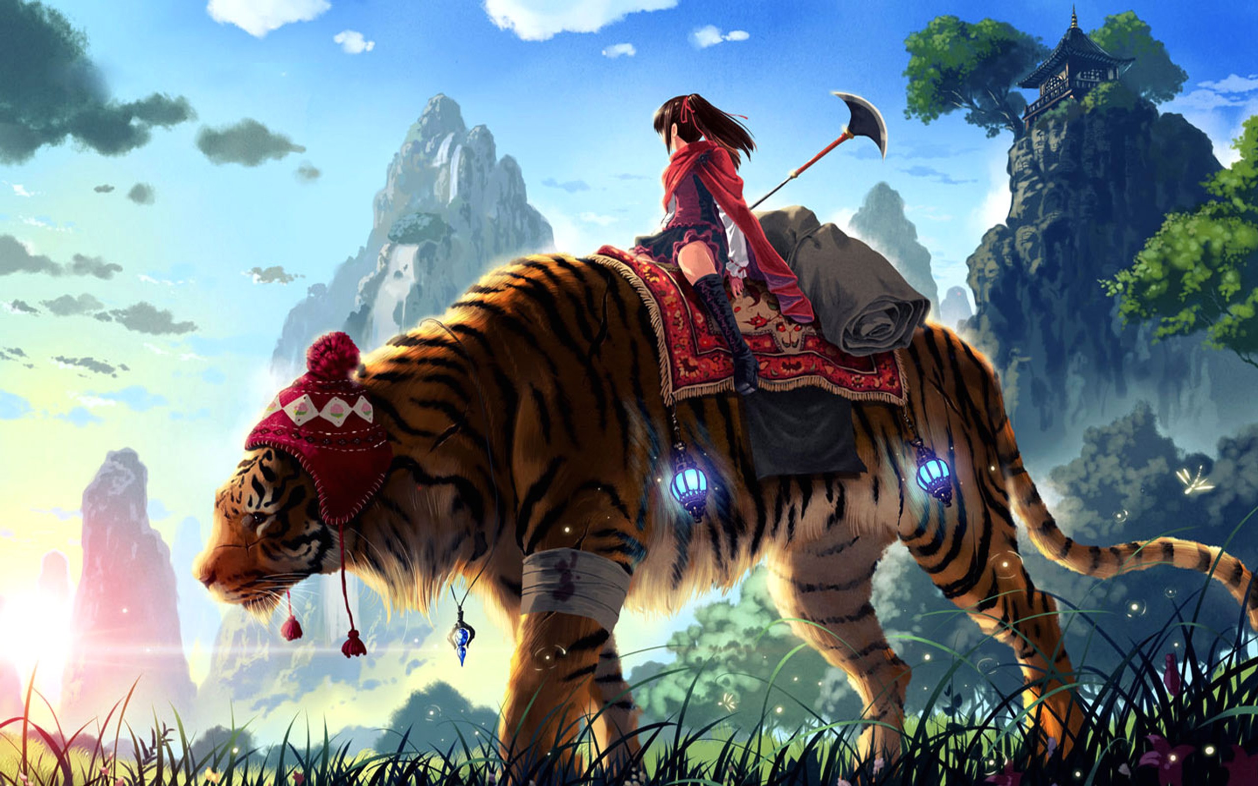 General 2560x1600 tiger anime girls fantasy art anime creature animals big cats nature mountains weapon sunset sunset glow fireflies Sunset Skyline Sunset Shimmer clouds grass winter clothing wounds injured bandages flowers trees field Sun night lanterns