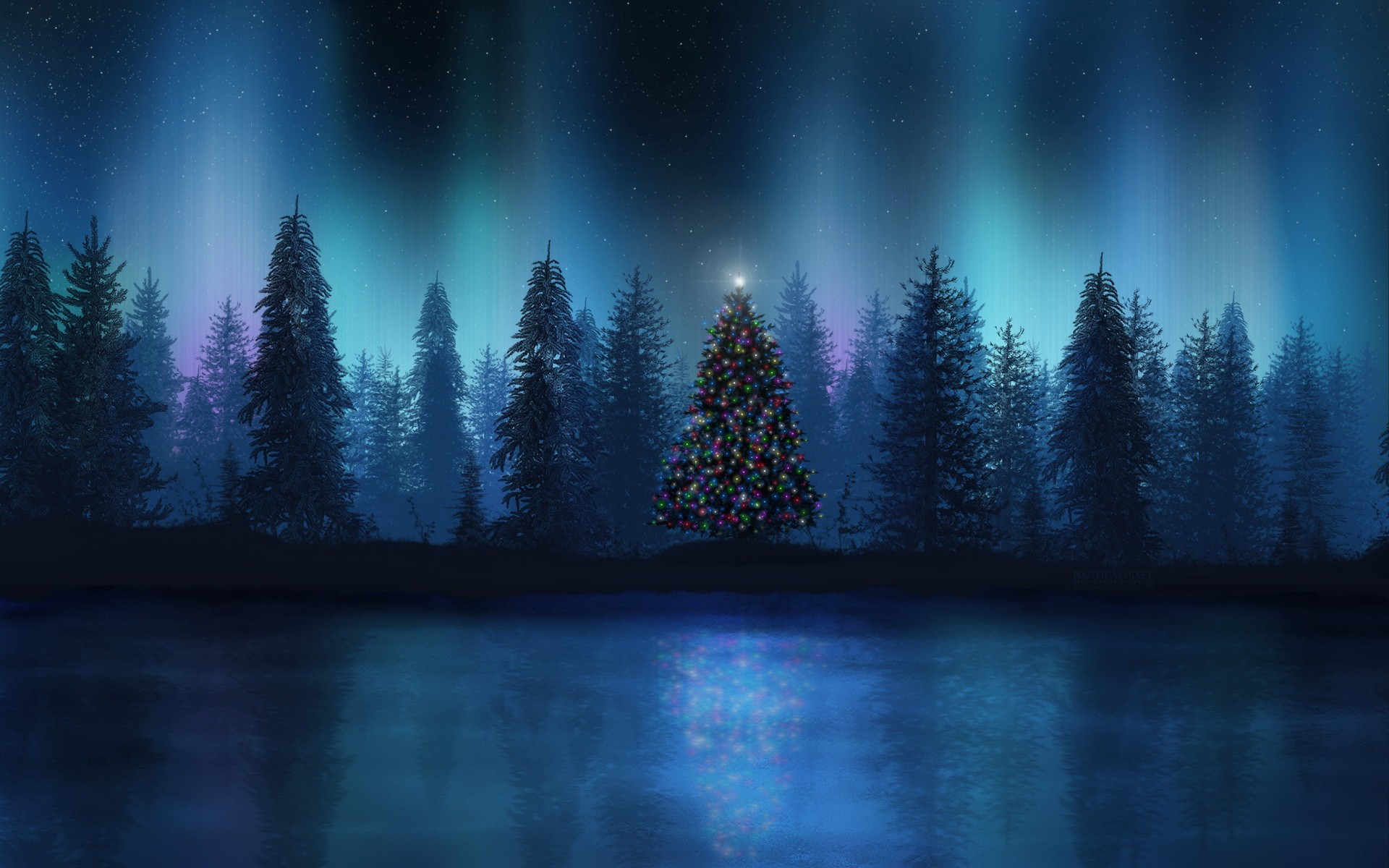 General 1920x1200 landscape Christmas tree aurorae forest Christmas blue DeviantArt low light digital art