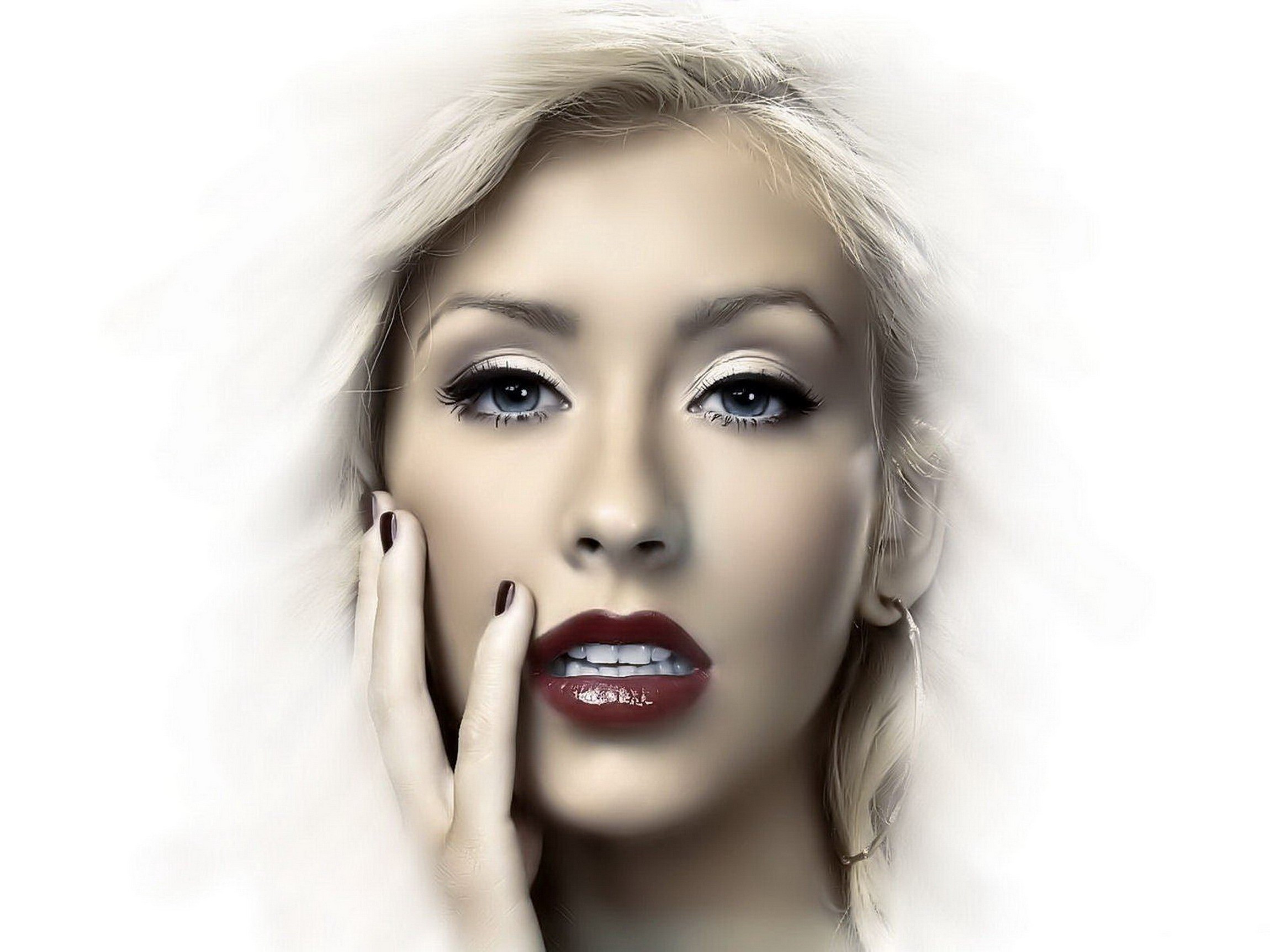 People 2300x1725 Christina Aguilera singer vignette face celebrity red lipstick women makeup simple background white background looking at viewer closeup