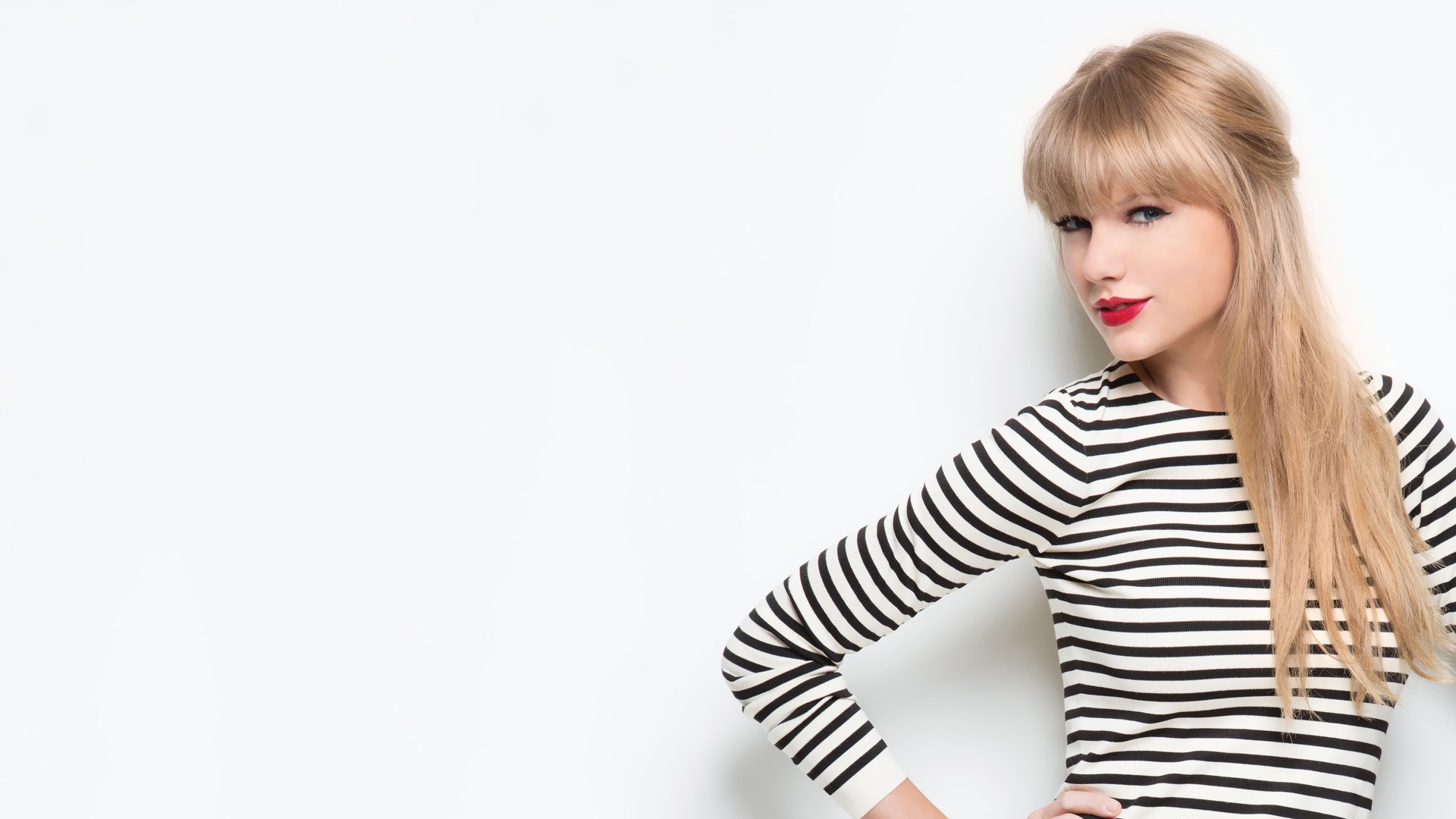 People 1920x1080 Taylor Swift celebrity blonde singer striped clothing red lipstick white background hands on hips women studio makeup long hair simple background women indoors