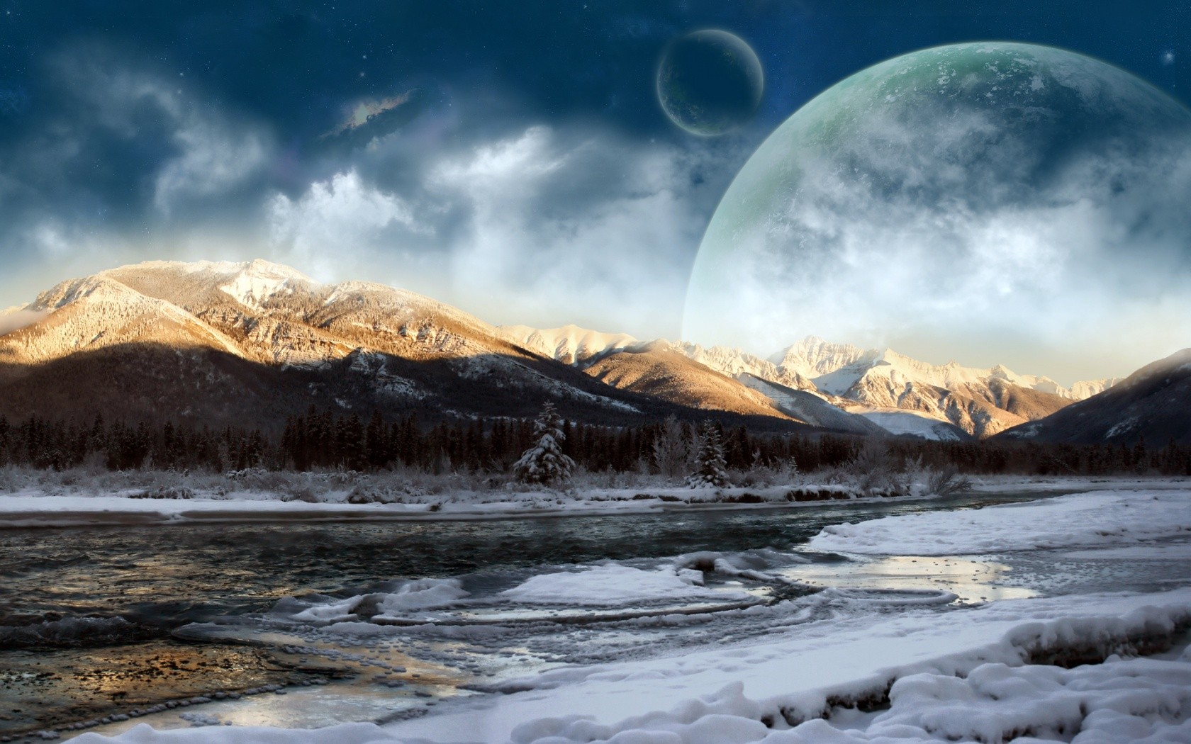 General 1680x1050 landscape photo manipulation digital art planet sky winter snow water nature river