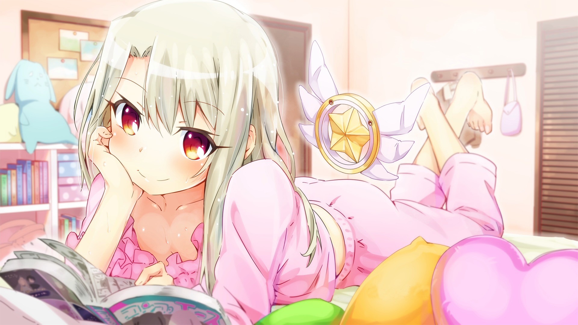 Anime 1920x1080 anime Fate/kaleid liner Prisma Illya Illyasviel von Einzbern anime girls barefoot pink pyjamas white hair red eyes in bed lying on front feet in the air pyjamas smiling reading room Fate series bun150 women indoors indoors looking at viewer