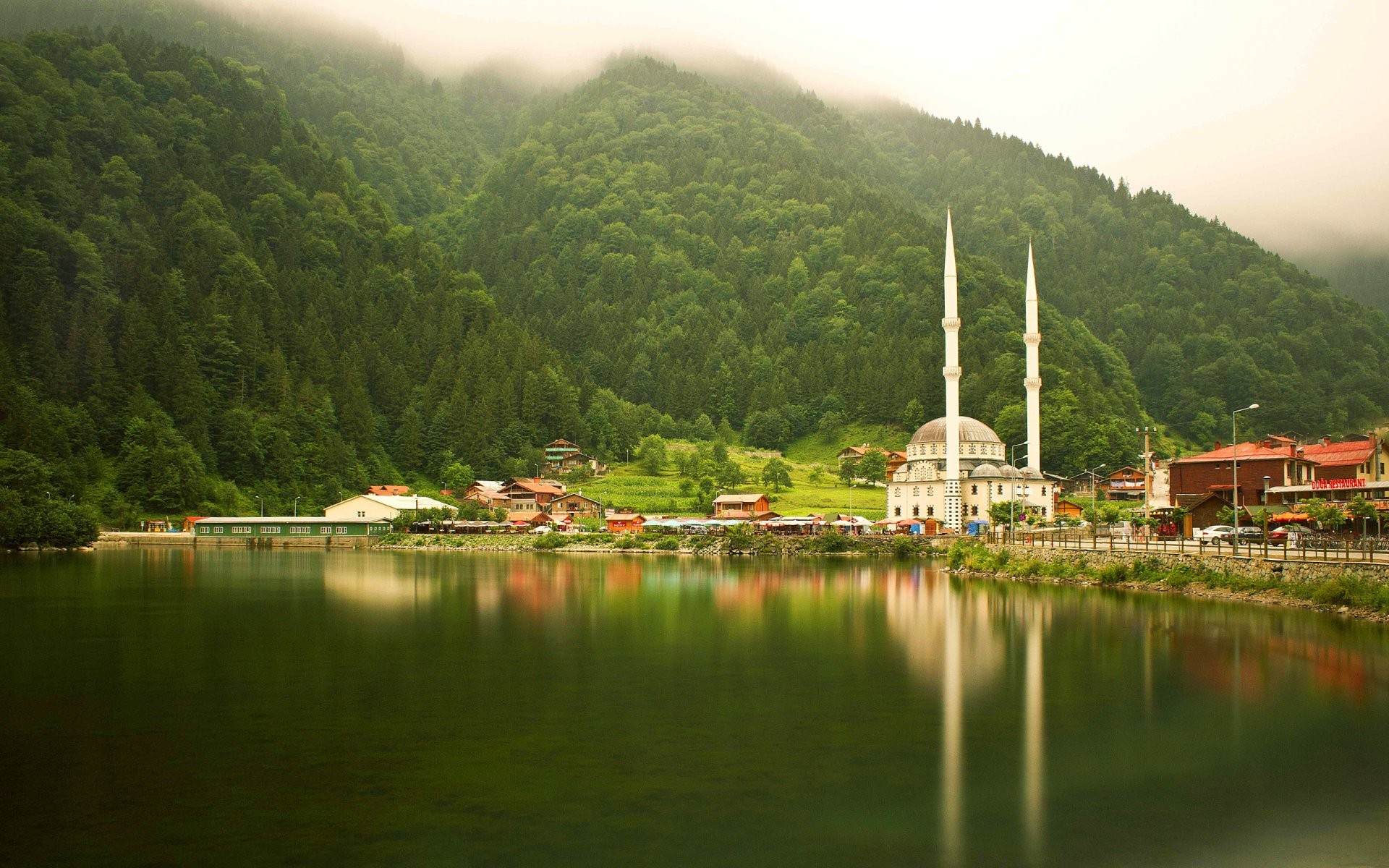 General 1920x1200 nature landscape Turkey Trabzon mosque trees forest lake reflection mist hills