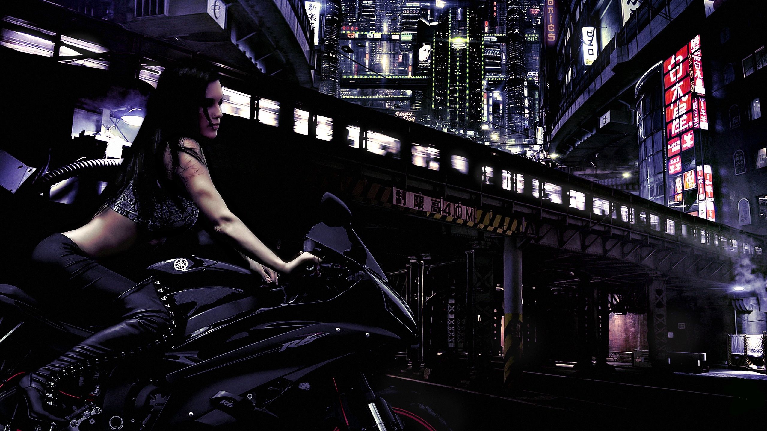 General 2560x1440 motorcycle women sitting cityscape dark vehicle dark hair long hair women with motorcycles digital art low light