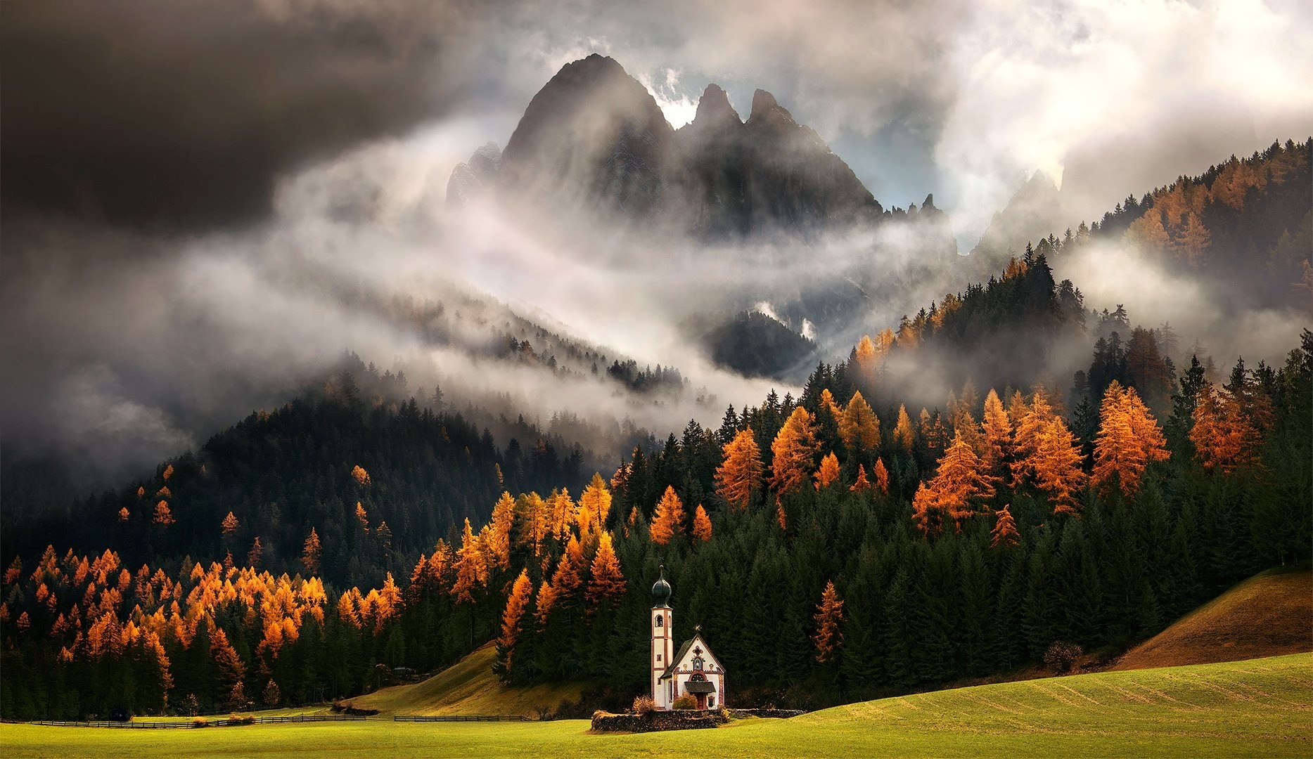 General 1867x1080 nature landscape mountains forest Italy fall clouds trees mist church hills grass field valley pine trees Max Rive