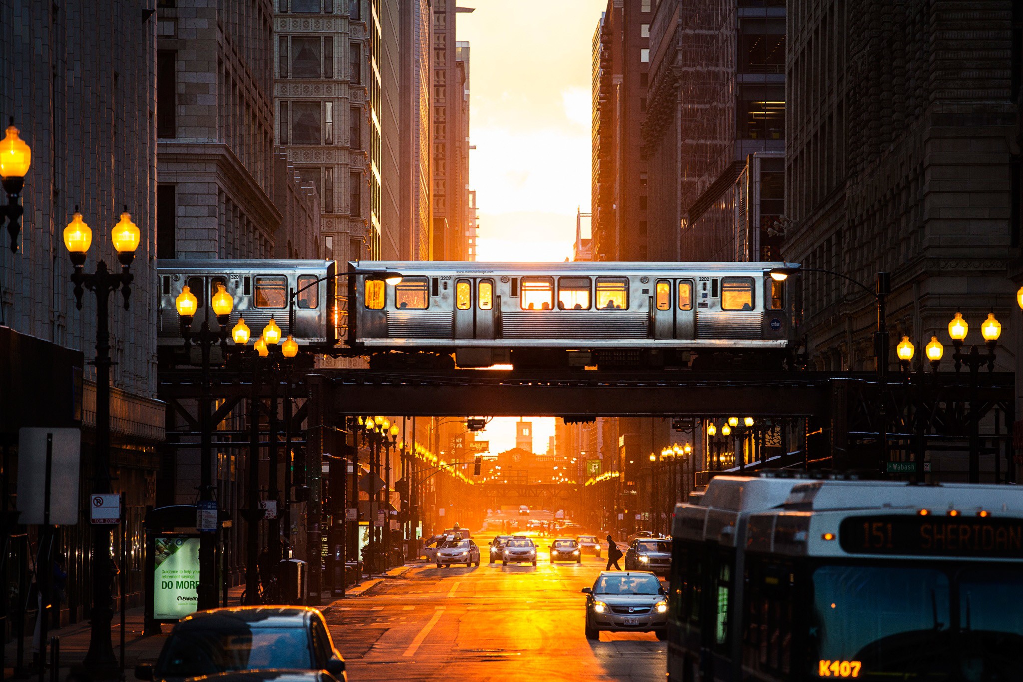 General 2048x1365 city street USA street light subway urban Chicago sunlight buses car architecture train lantern sunset cityscape