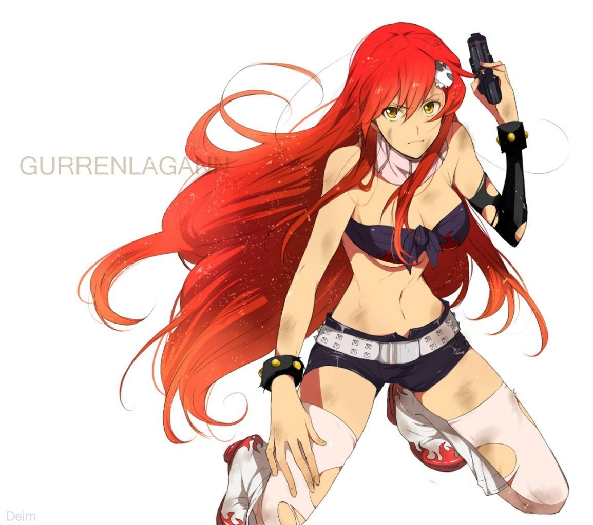 Anime 1155x1024 anime girls anime long hair redhead Littner Yoko Tengen Toppa Gurren Lagann weapon belly kneeling simple background white background