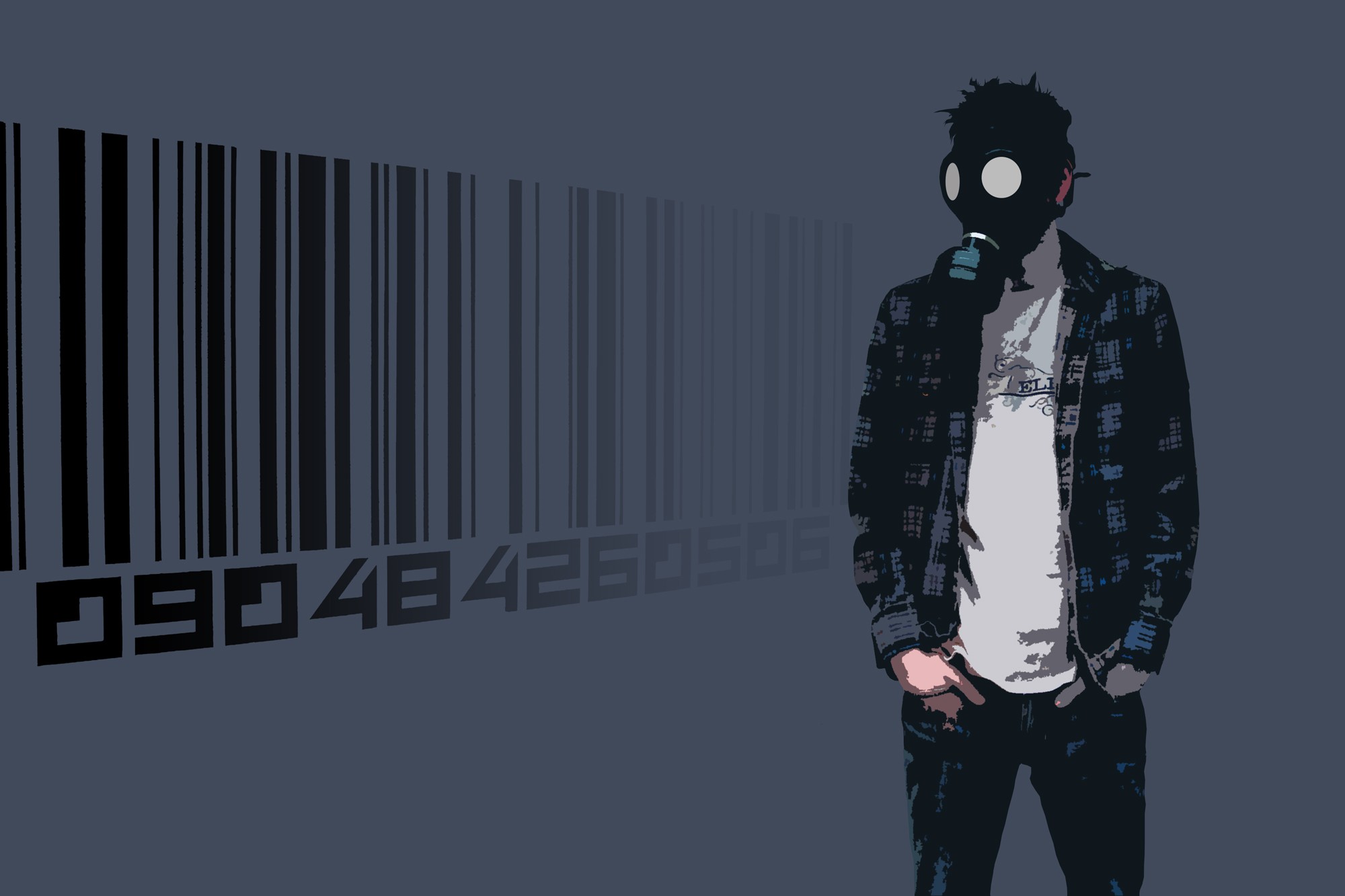 General 2000x1333 gas masks barcode numbers simple background men artwork