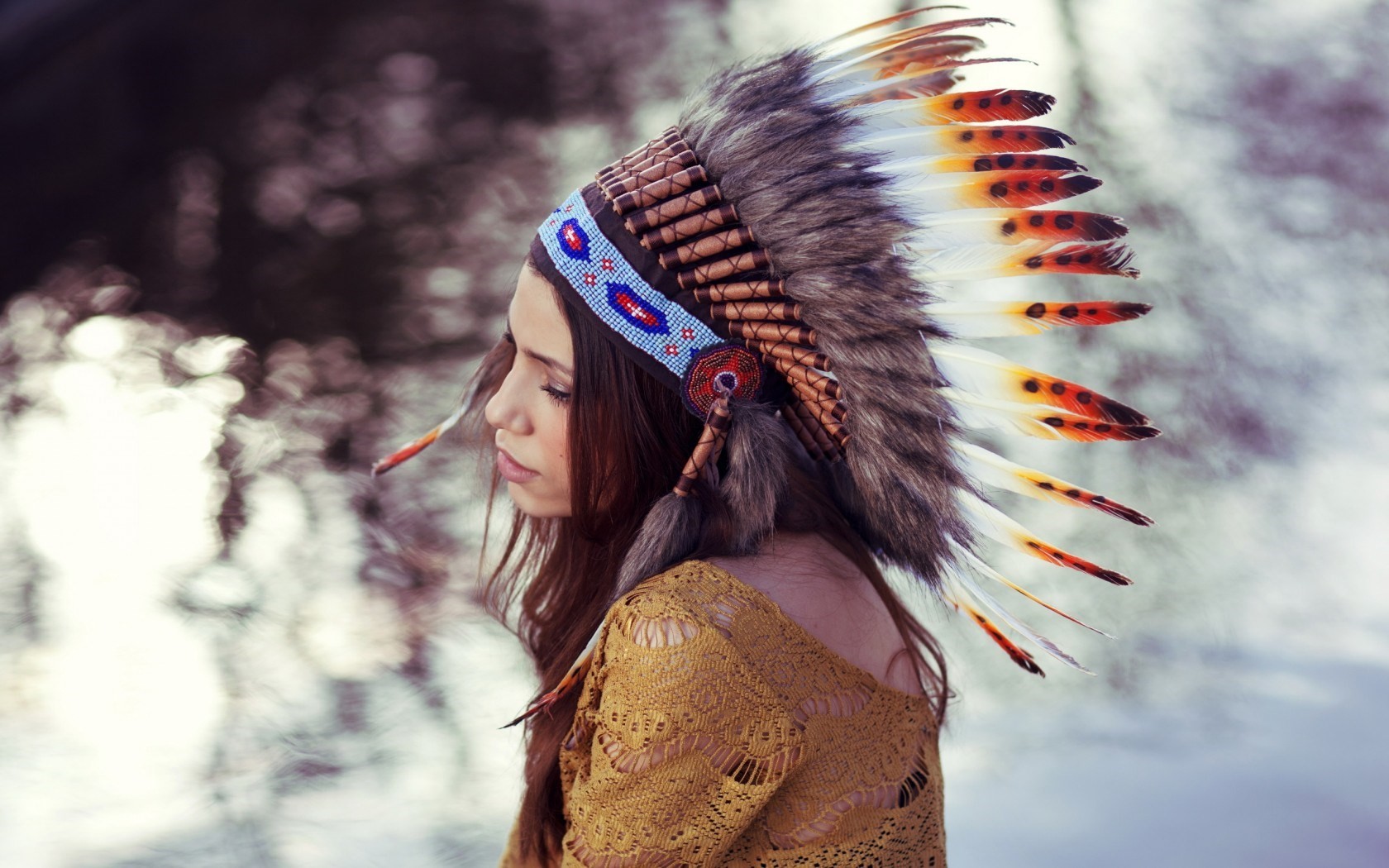 People 1680x1050 women model redhead long hair face feathers women outdoors sweater headdress looking away Native American clothing