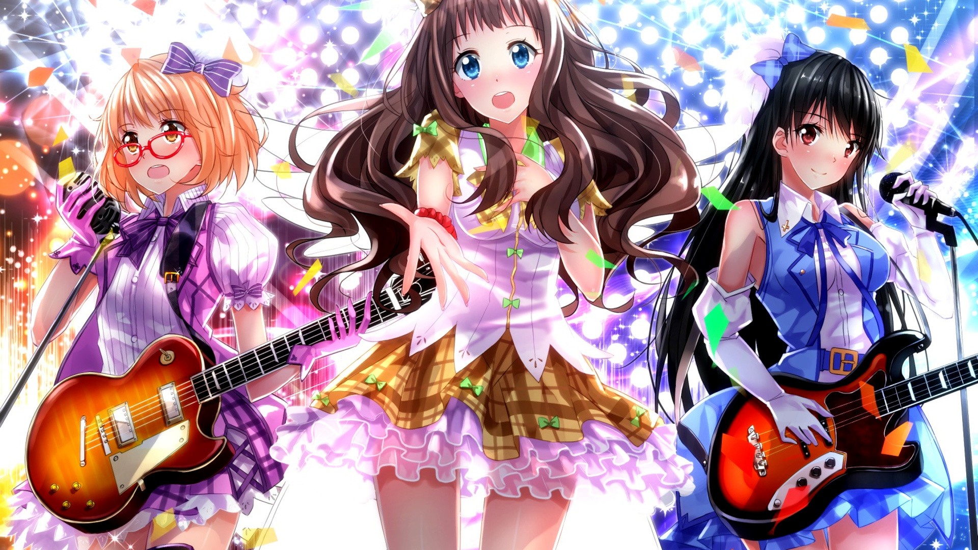 Anime 1920x1080 anime girls Kyoukai no Kanata artwork guitar musical instrument anime women trio women with glasses brunette long hair blue eyes black hair band music