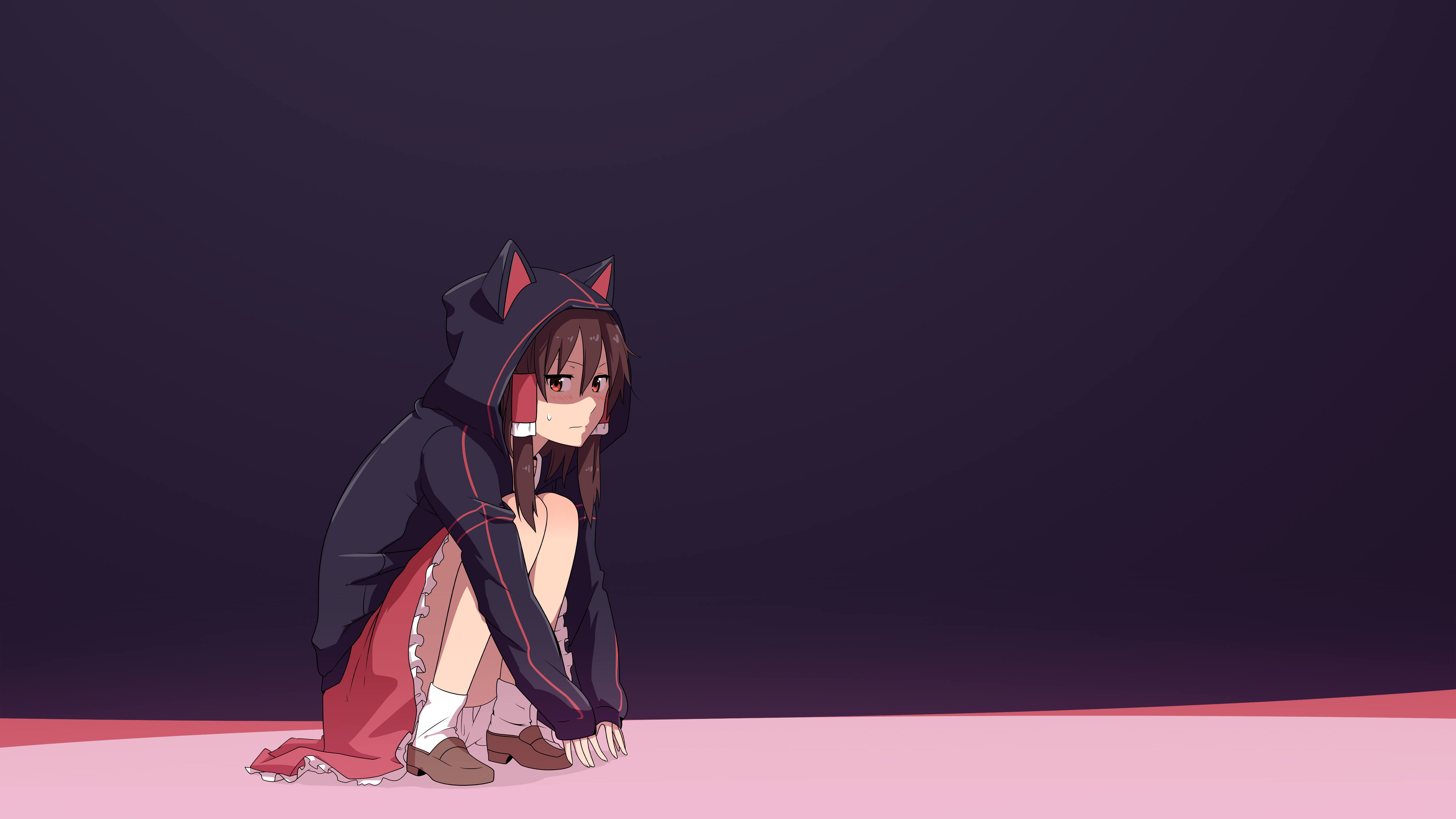 Anime 5120x2880 anime girls cat ears Touhou Hakurei Reimu hoods anime purple background brunette looking at viewer thighs together