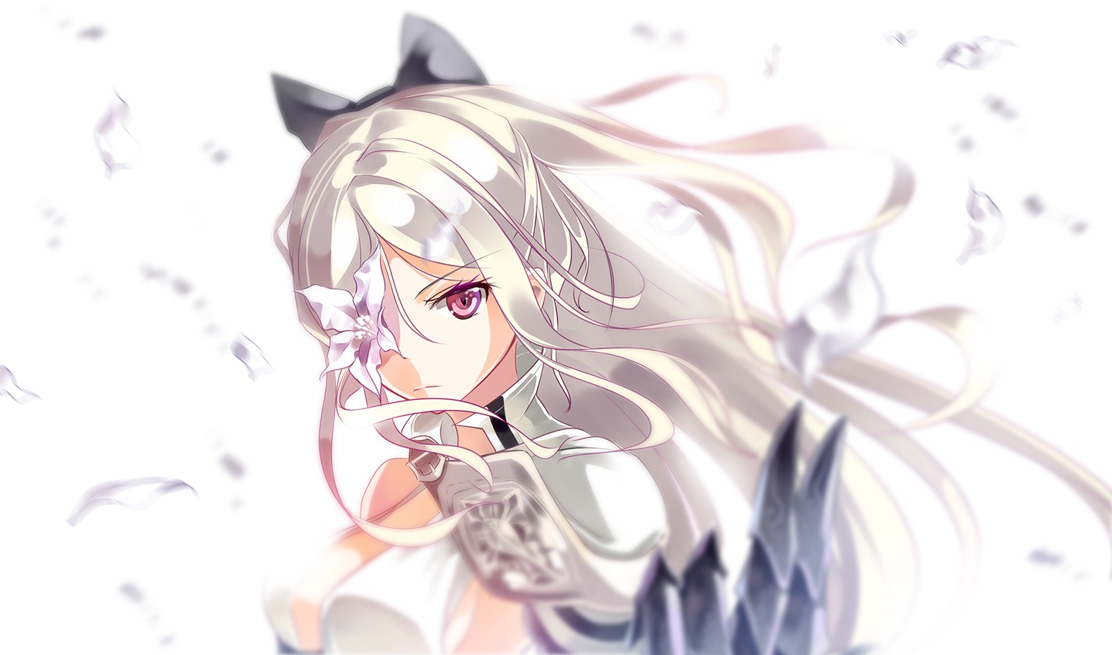 Anime 1600x943 anime girls Drakengard anime Arms Ai purple eyes long hair flowers petals looking at viewer simple background white background zero (drag-on dragoon)