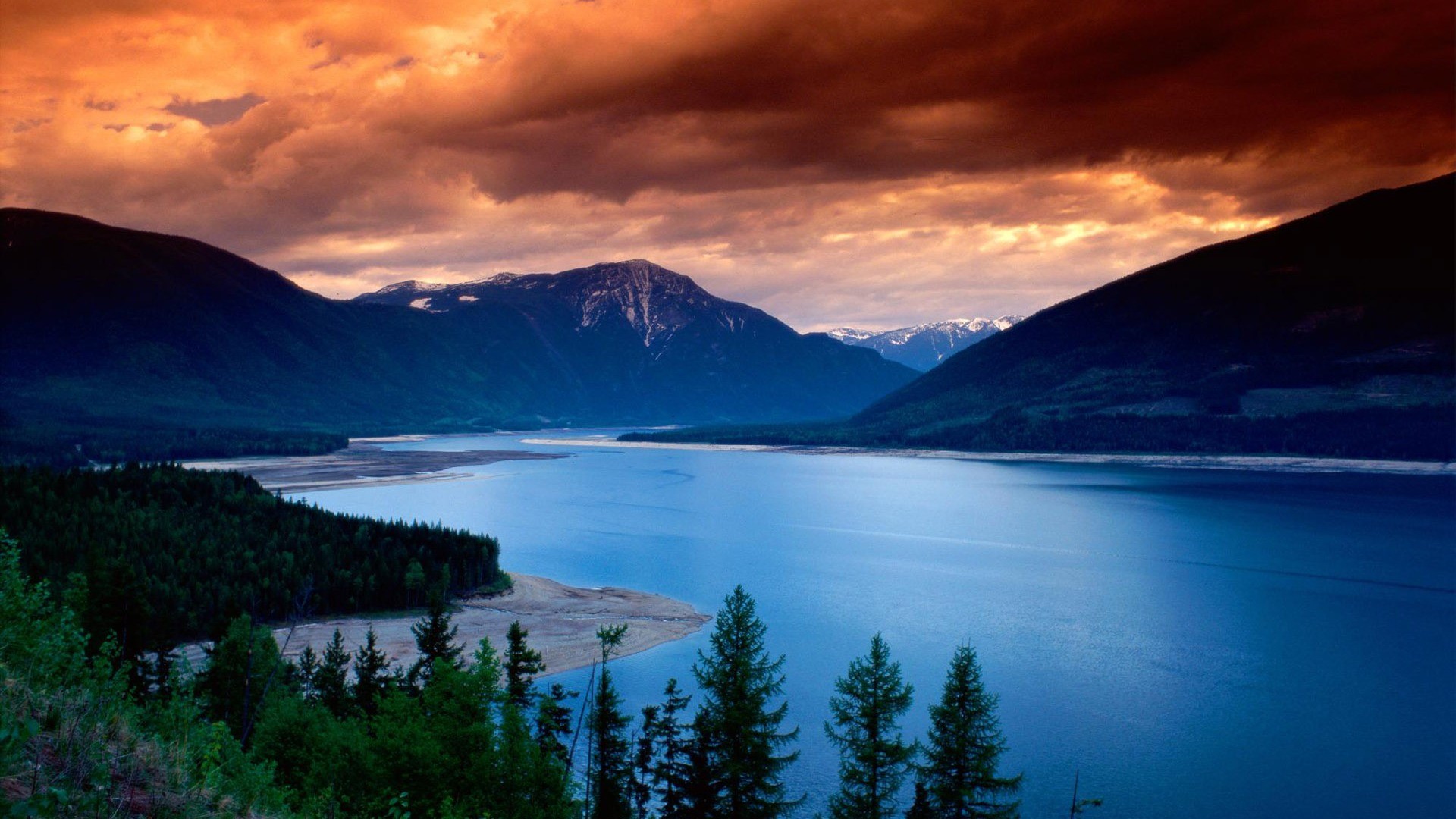 General 1920x1080 sunset clouds mountains lake forest gold blue water green nature landscape