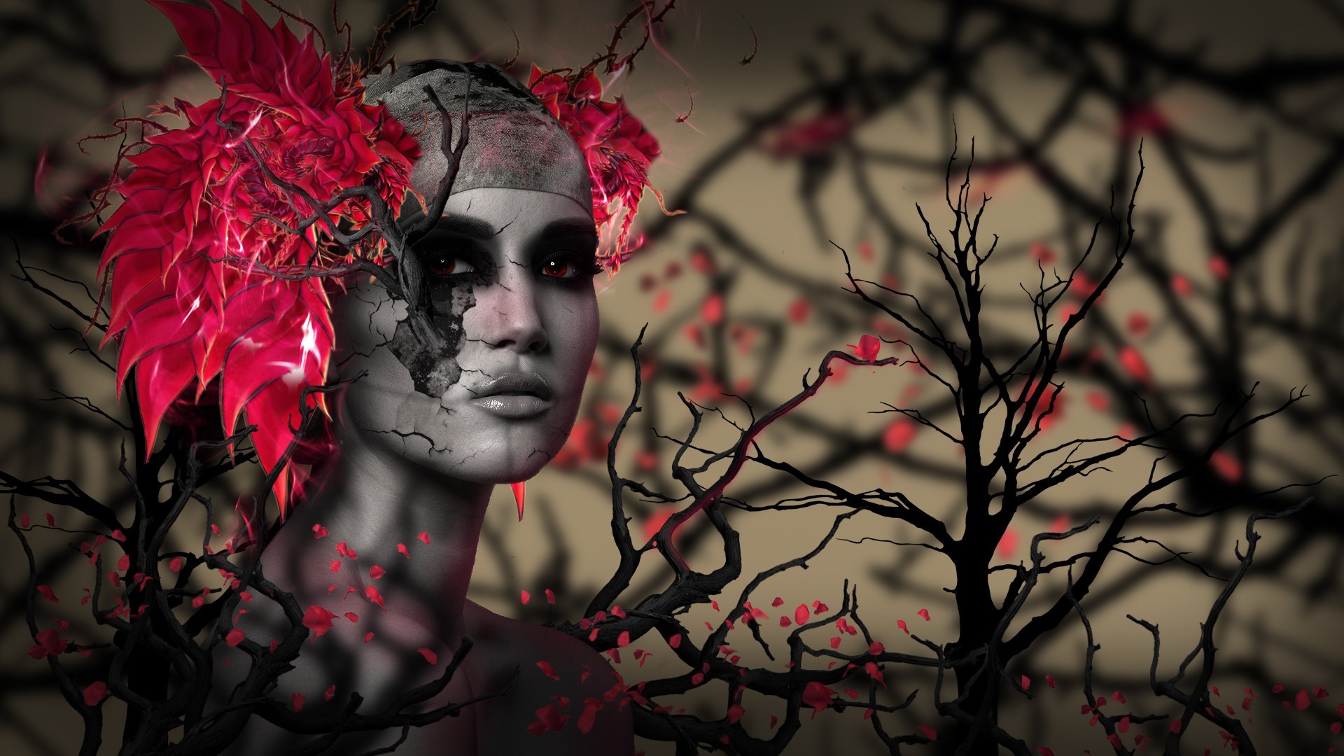 General 1920x1080 digital art CGI face women trees branch red eyes leaves depth of field feathers