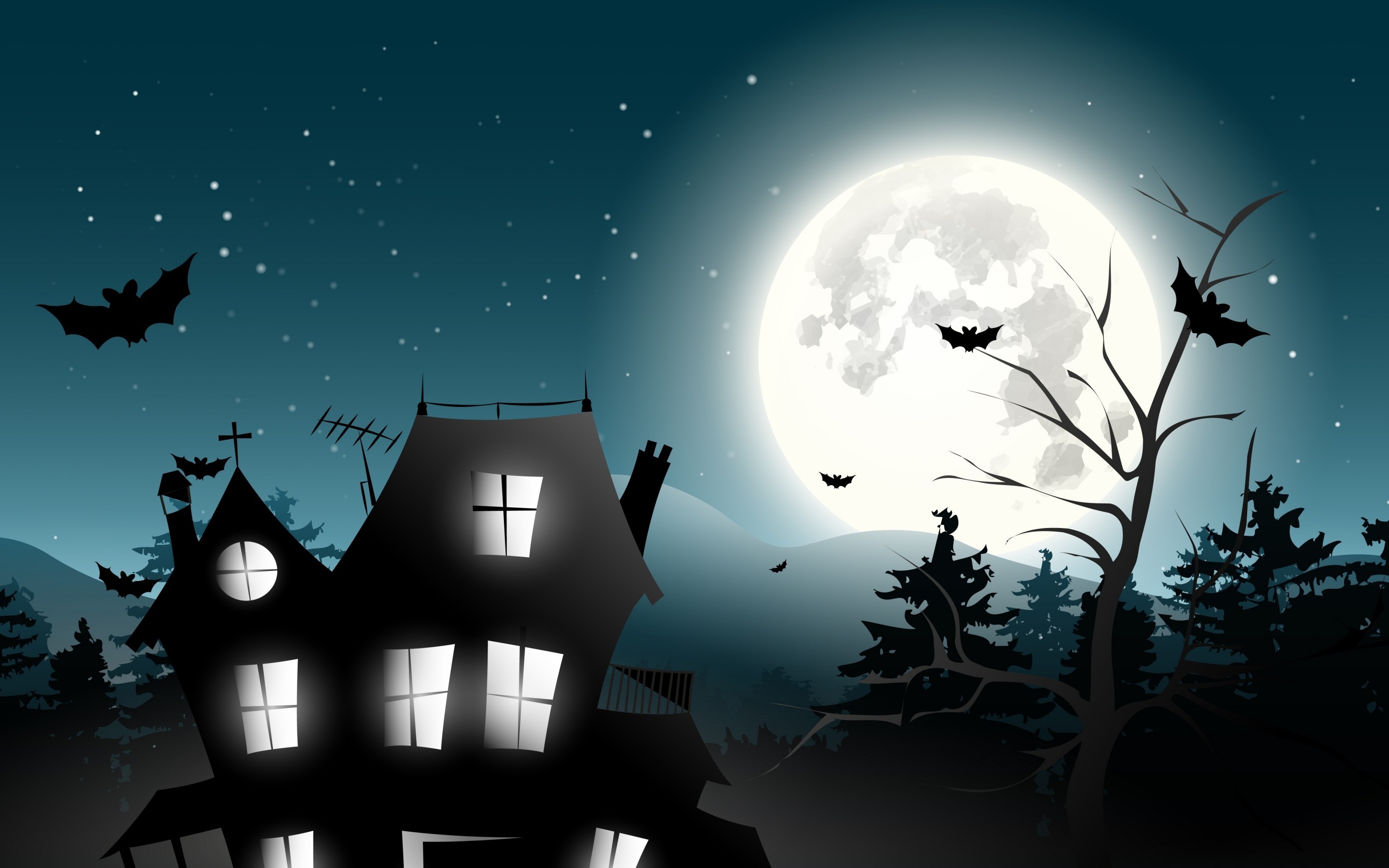 General 2880x1800 fantasy art artwork bats Moon house night trees digital art