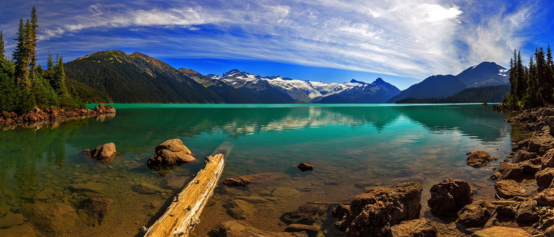 General 1800x770 lake British Columbia Canada mountains forest clouds turquoise snowy peak summer nature blue white panorama water landscape