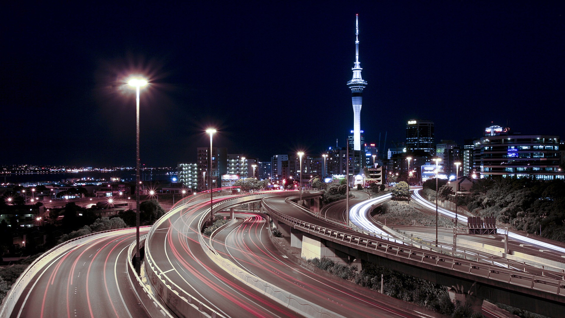 General 1920x1080 cityscape long exposure road lights Auckland New Zealand light trails city lights