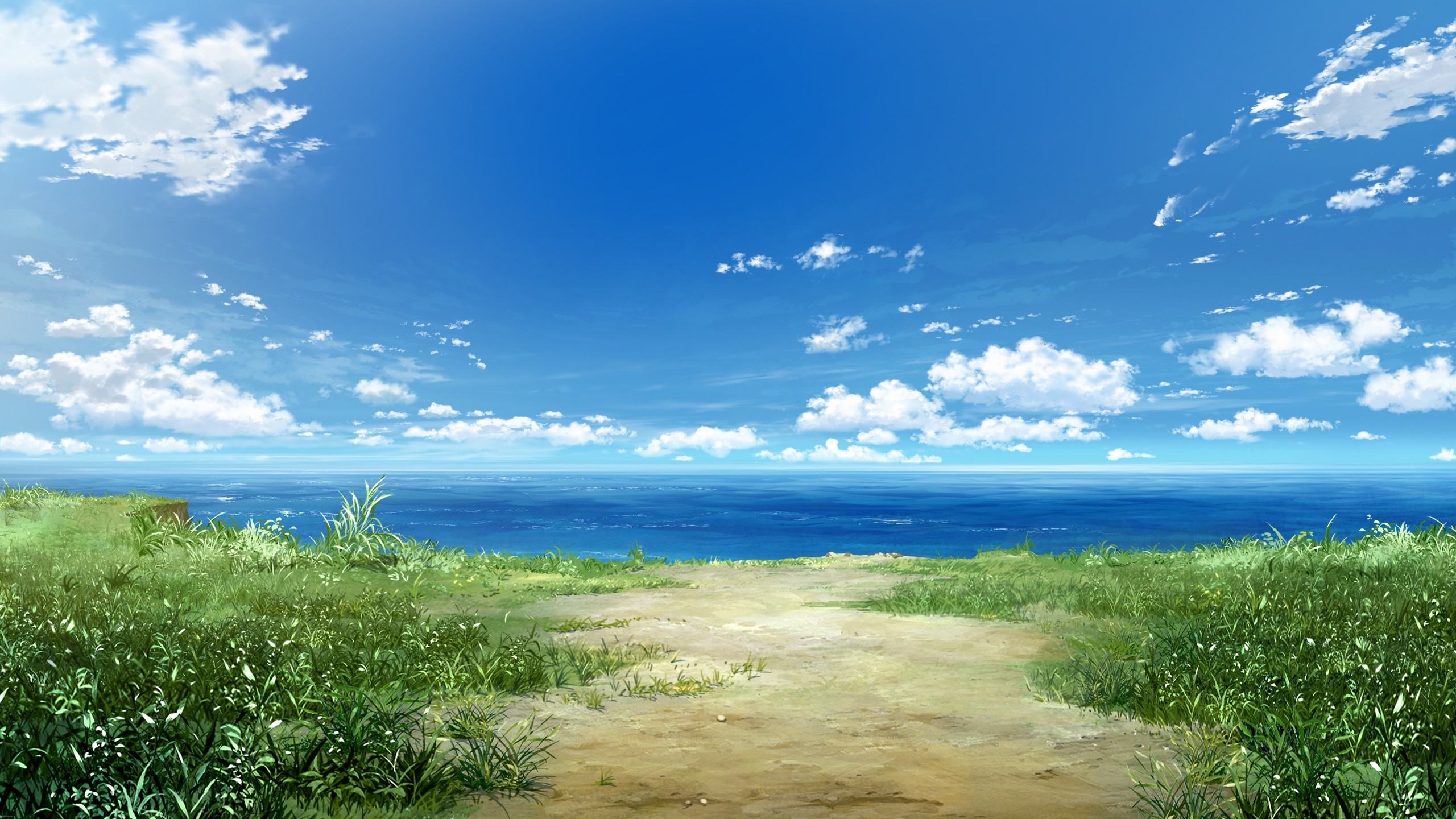 Anime 2560x1440 sea clouds landscape grass nature sky Grisaia no Kajitsu artwork sky blue anime coast