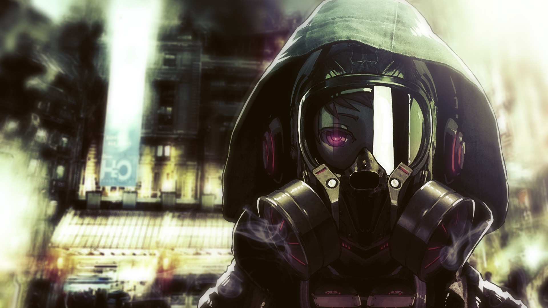 General 1920x1080 anime gas masks mask purple eyes eyes one eye obstructed hoods looking at viewer
