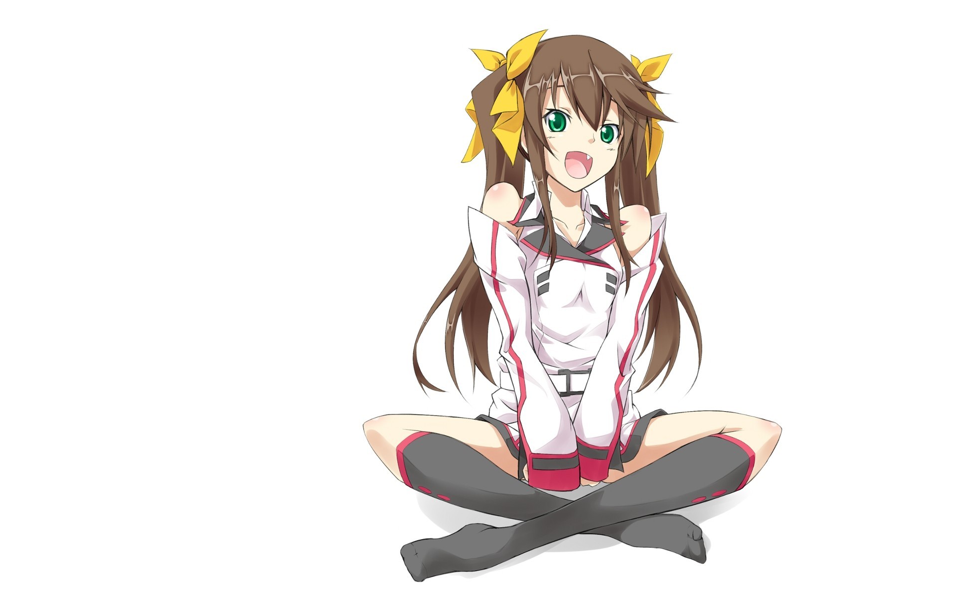 Anime 1920x1200 Huang Lingyin anime Infinite Stratos sitting simple background white background legs crossed open mouth green eyes brunette long hair