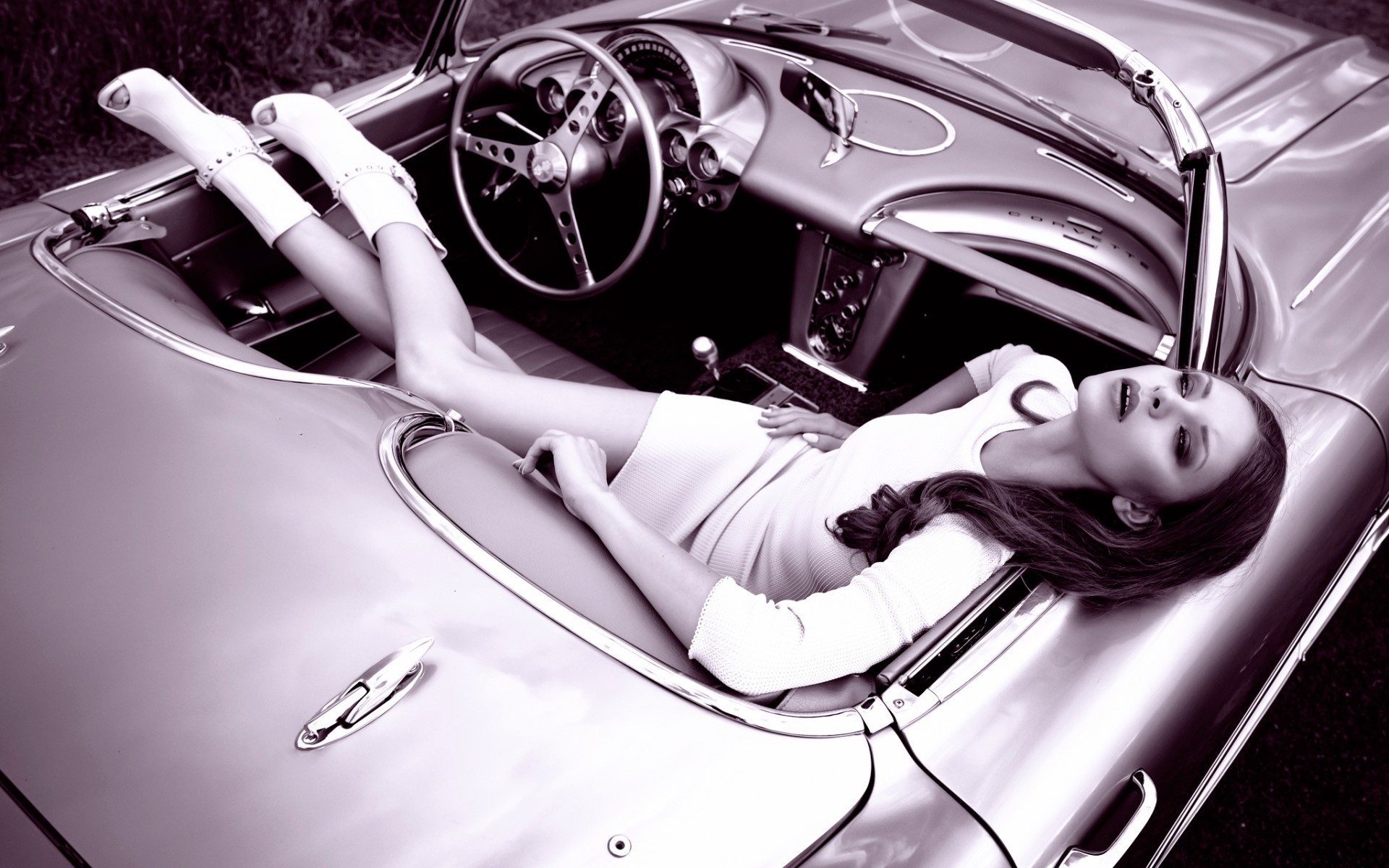 General 1920x1200 women with cars women monochrome white dress classic car long hair Corvette sensual gaze legs car interior car open mouth American cars convertible