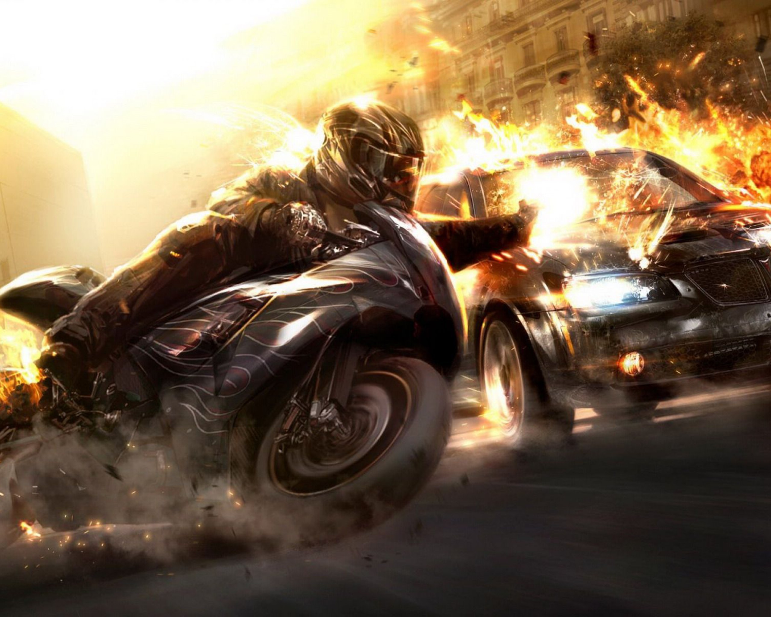 General 2560x2048 Ubisoft video games motorcycle car fire