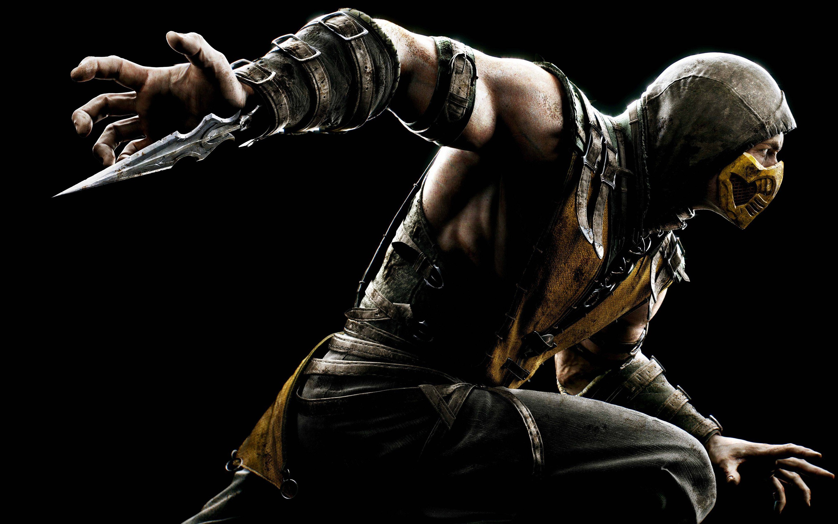 General 2880x1800 Mortal Kombat video games video game warriors Scorpion (Mortal Kombat) video game characters hoods mask simple background black background video game men