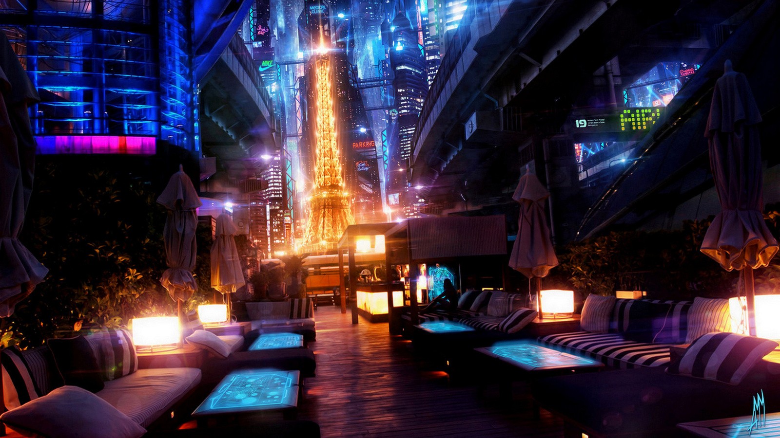 General 1600x900 Japan colorful digital art cyberpunk relaxation bar couch table eiffel tower replica futuristic futuristic city city Paris science fiction