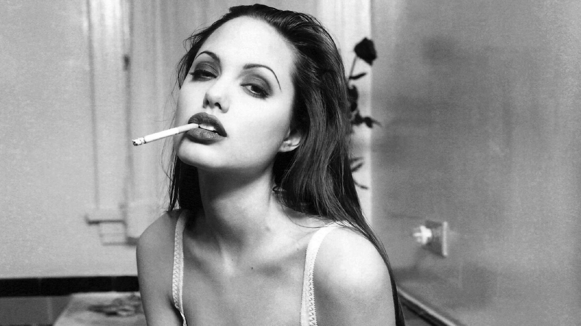 People 1867x1050 Angelina Jolie actress cigarettes smoking women celebrity white lingerie brunette women indoors indoors makeup looking at viewer American women closeup monochrome