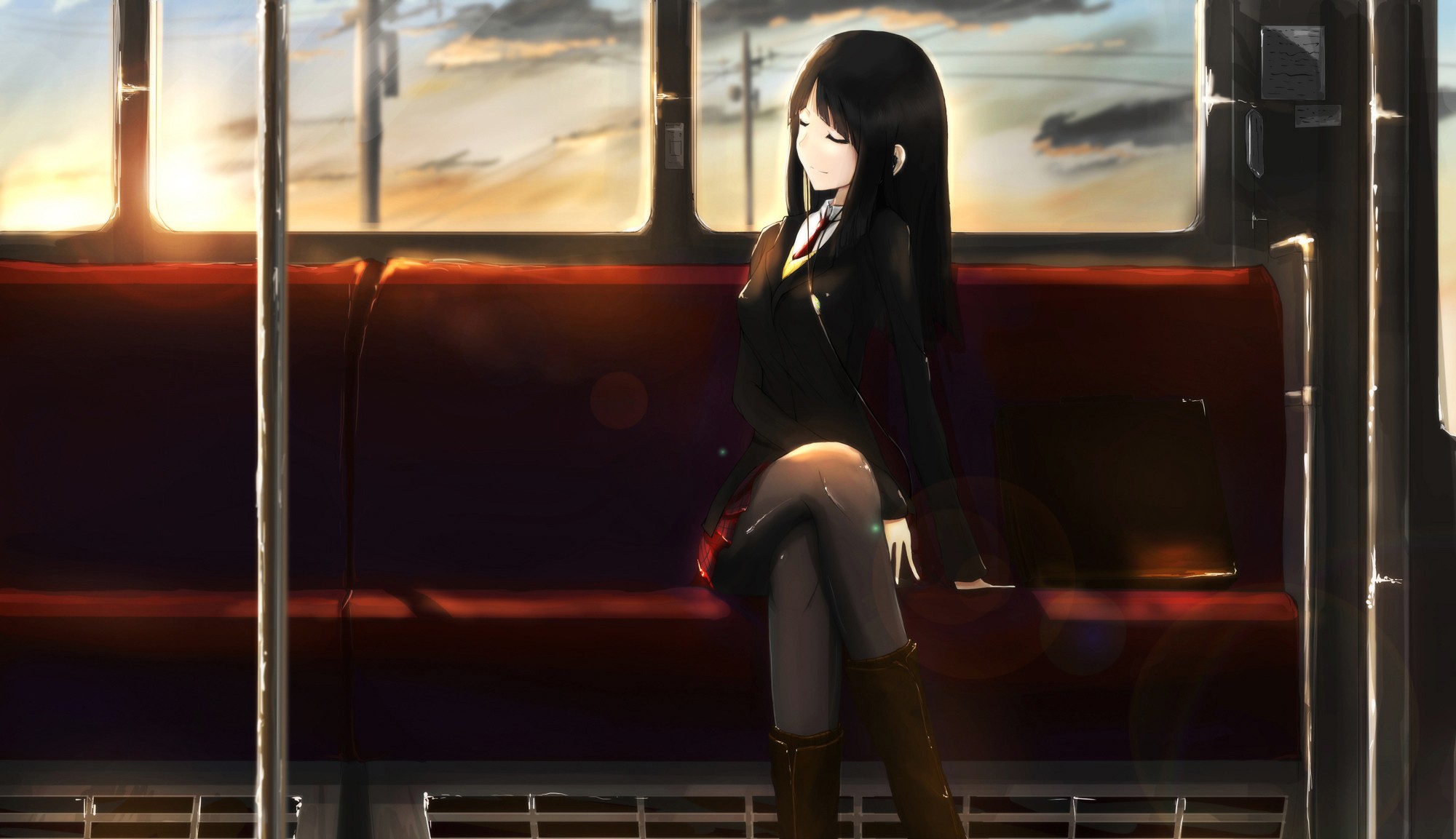 Anime 2000x1153 anime anime girls legs crossed dark hair train closed eyes women sitting