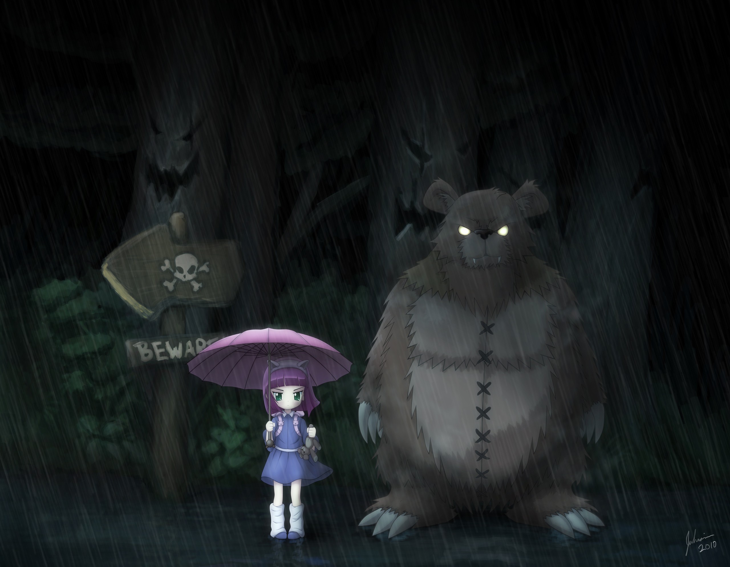 General 2560x1991 League of Legends video games Annie (League of Legends) My Neighbor Totoro umbrella PC gaming video game art rain glowing eyes