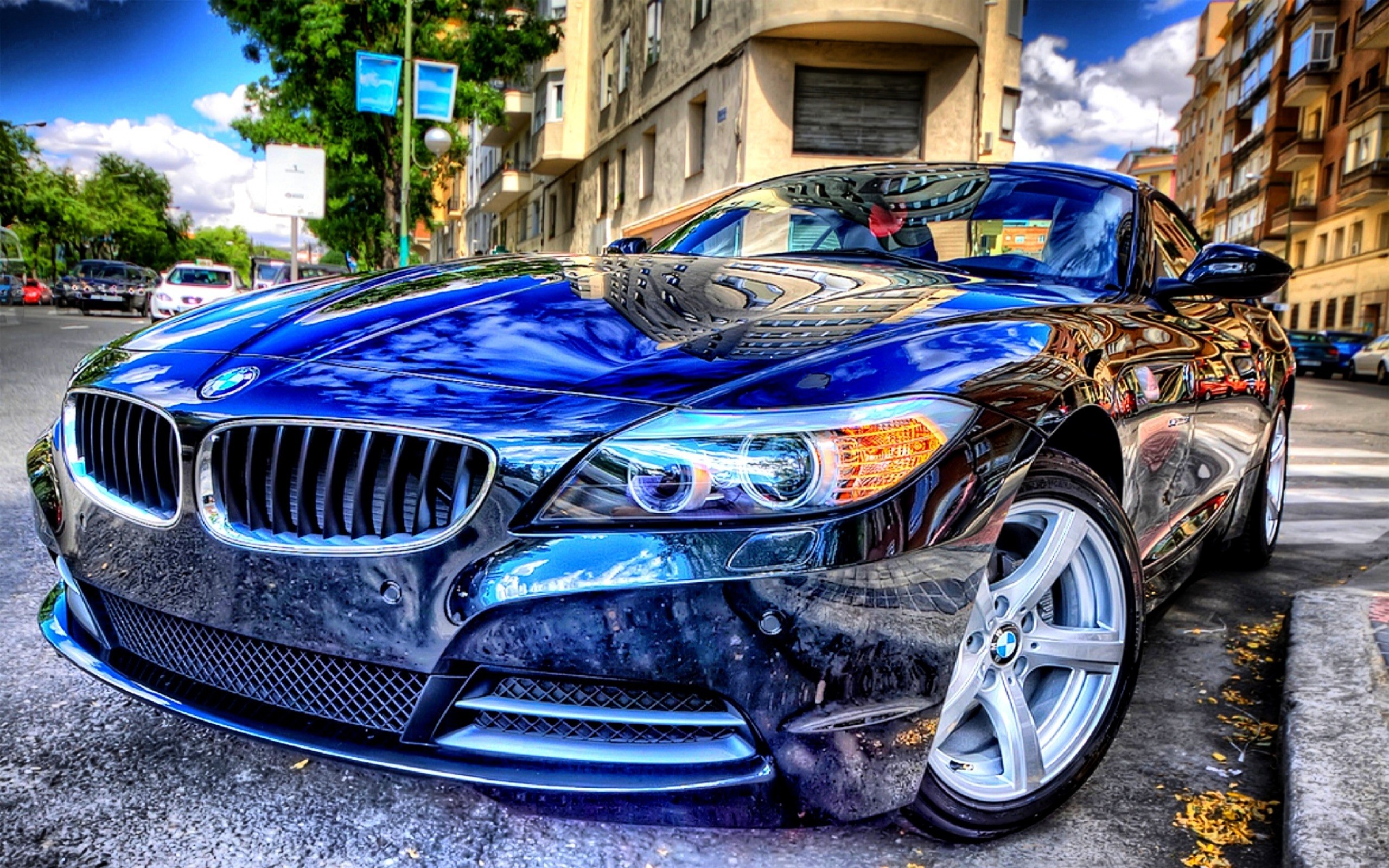 General 2560x1600 BMW tonemapping HDR car blue cars BMW Z4 vehicle closeup frontal view building sky clouds road