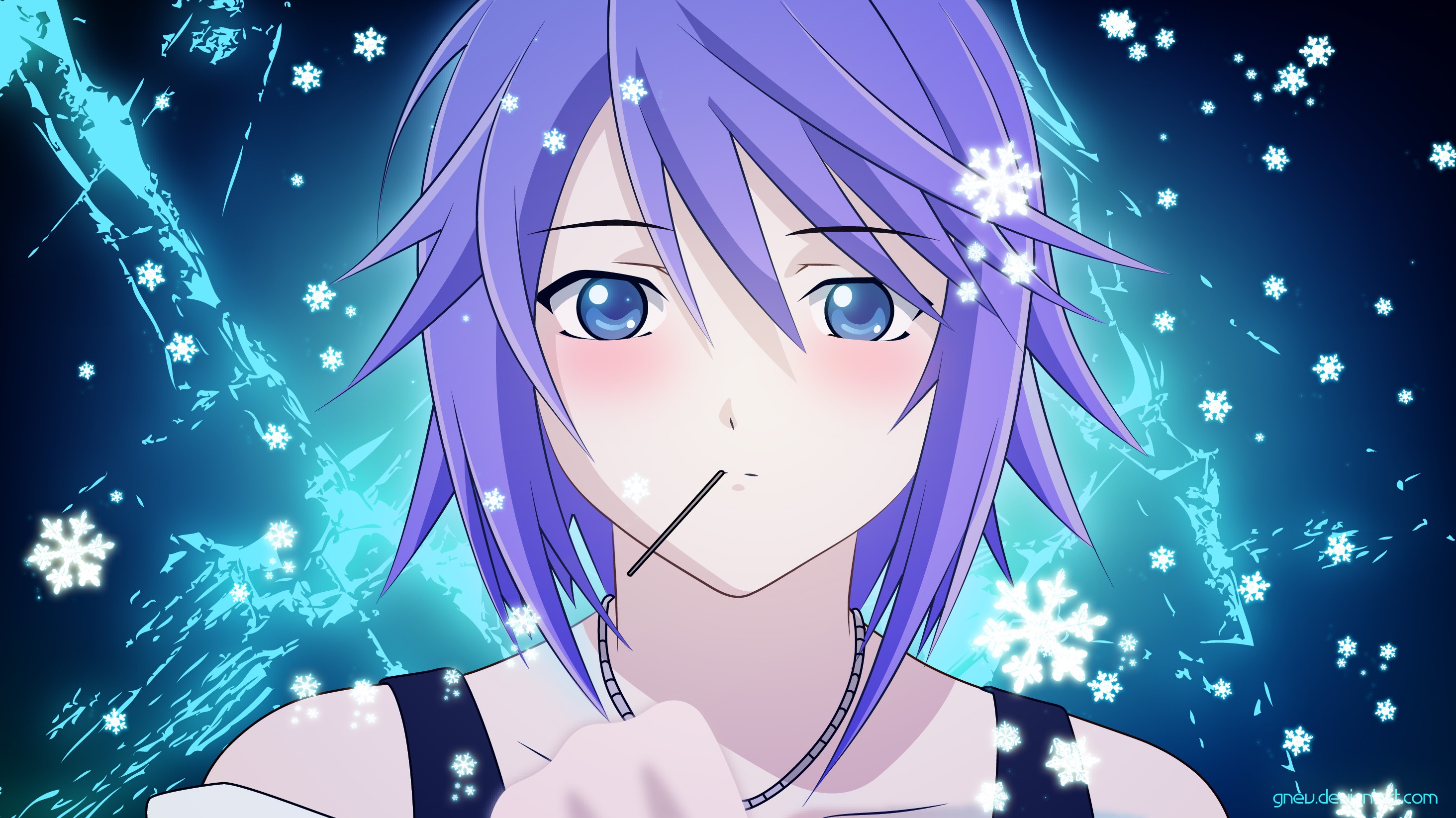 Anime 2927x1645 Rosario + Vampire Shirayuki Mizore anime girls purple hair anime face blue eyes looking at viewer snowflakes
