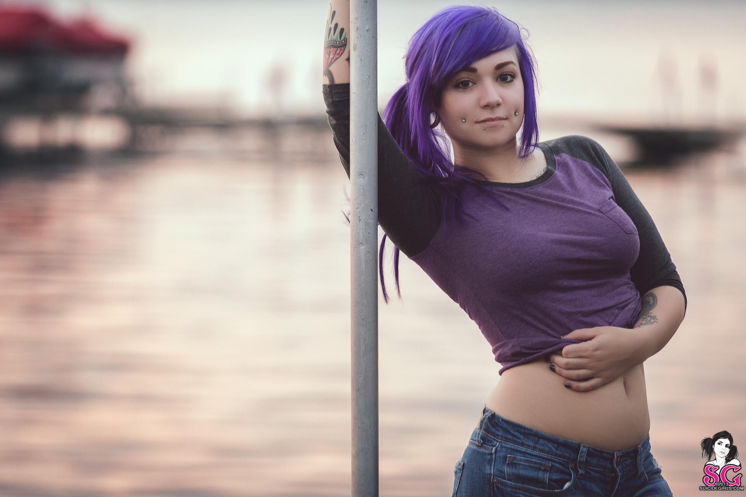 People 2400x1600 Suicide Girls purple hair women women outdoors piercing Vayda Suicide tattoo model looking at viewer belly bare midriff inked girls 2013 (Year)