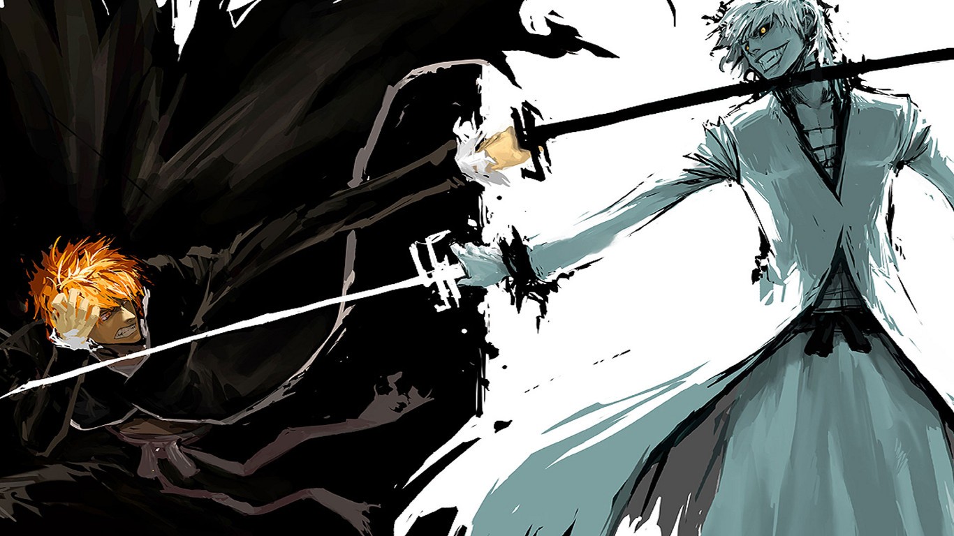 Anime 1366x768 anime Bleach Kurosaki Ichigo fighting sketches Hollow anime boys weapon