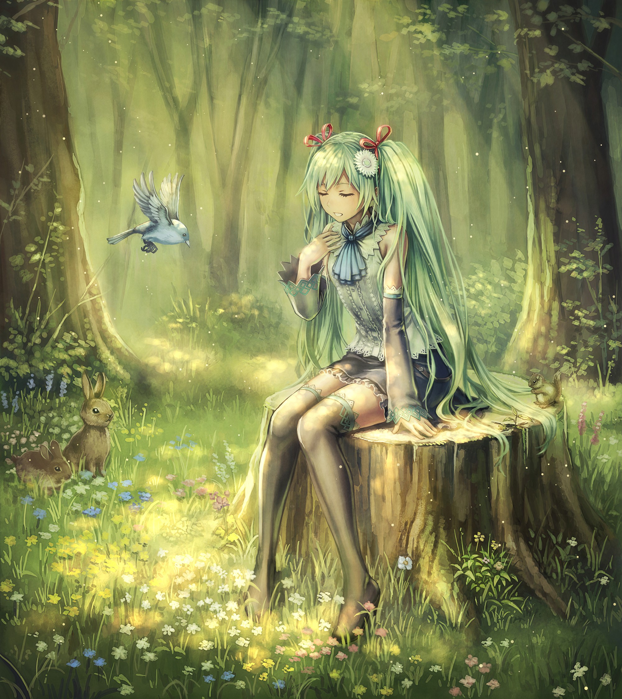 Anime 2000x2246 Vocaloid twintails anime girls fantasy art sitting stockings birds animals green hair long hair flower in hair thighs together rabbits mammals flowers plants trees nature