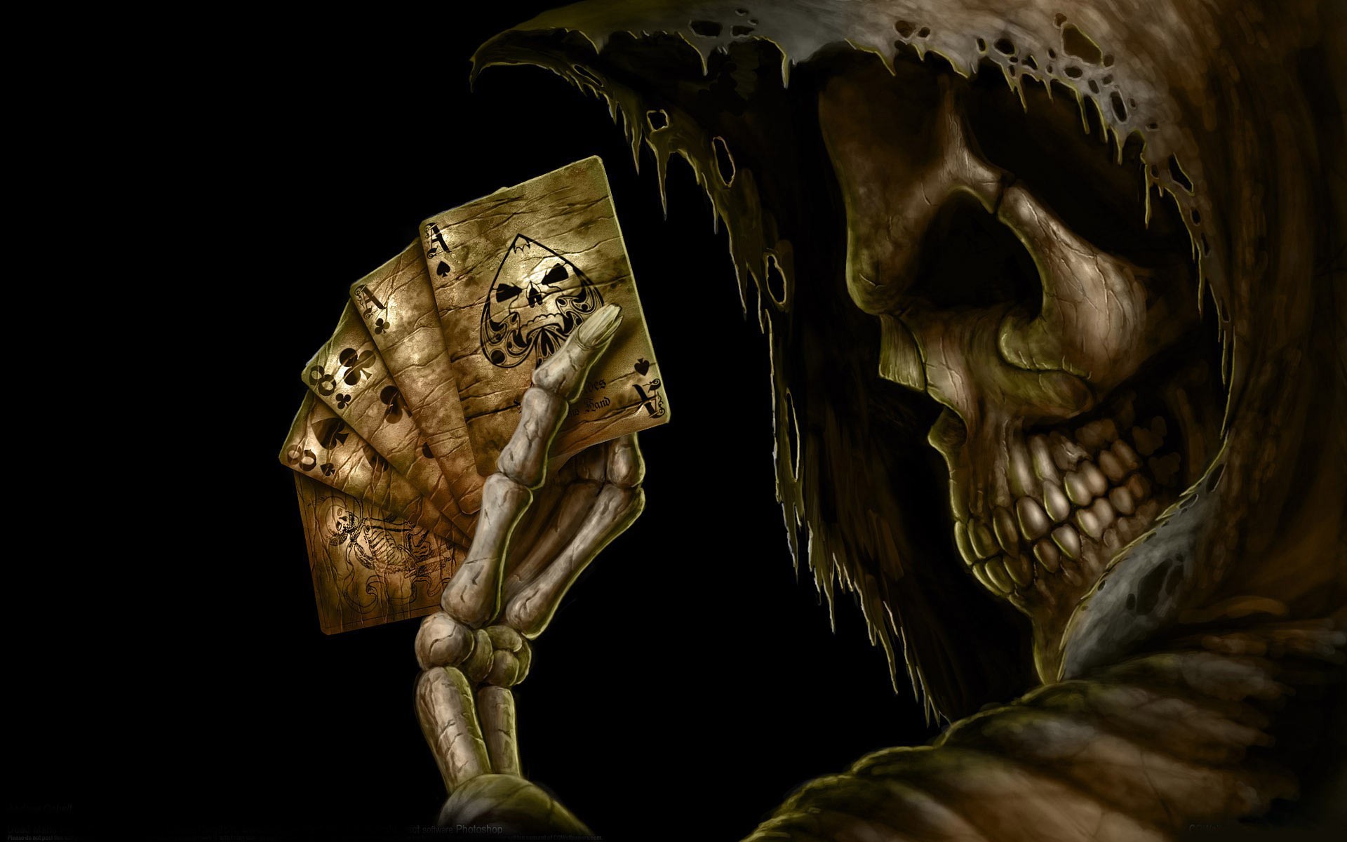 General 1920x1200 Grim Reaper cards skull hoods fantasy art bones playing cards simple background black background