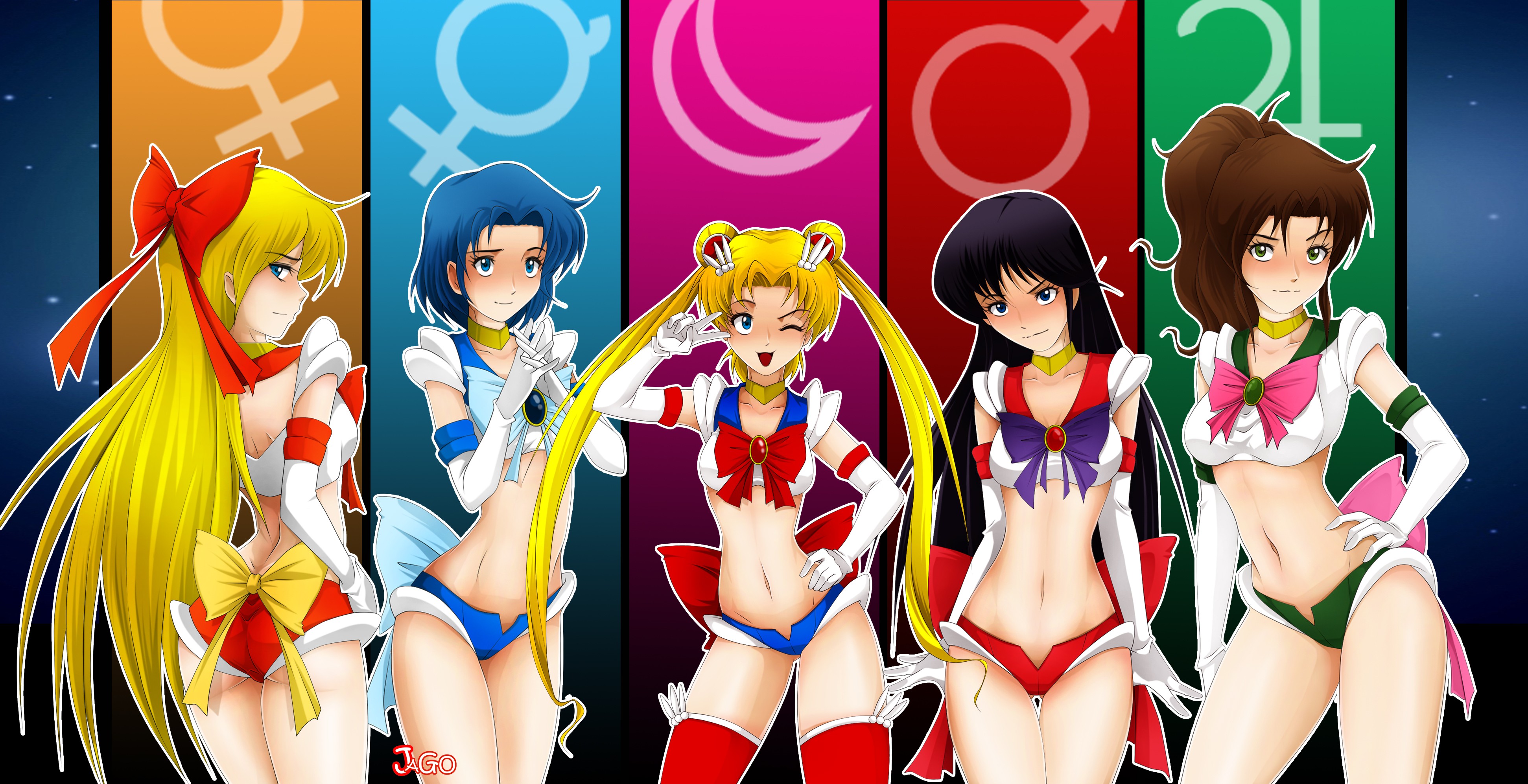 Anime 3885x1994 Sailor Moon short shorts Sailor Mercury collage anime girls anime group of women blonde blue hair dark hair brunette belly boobs hands on hips long hair one eye closed