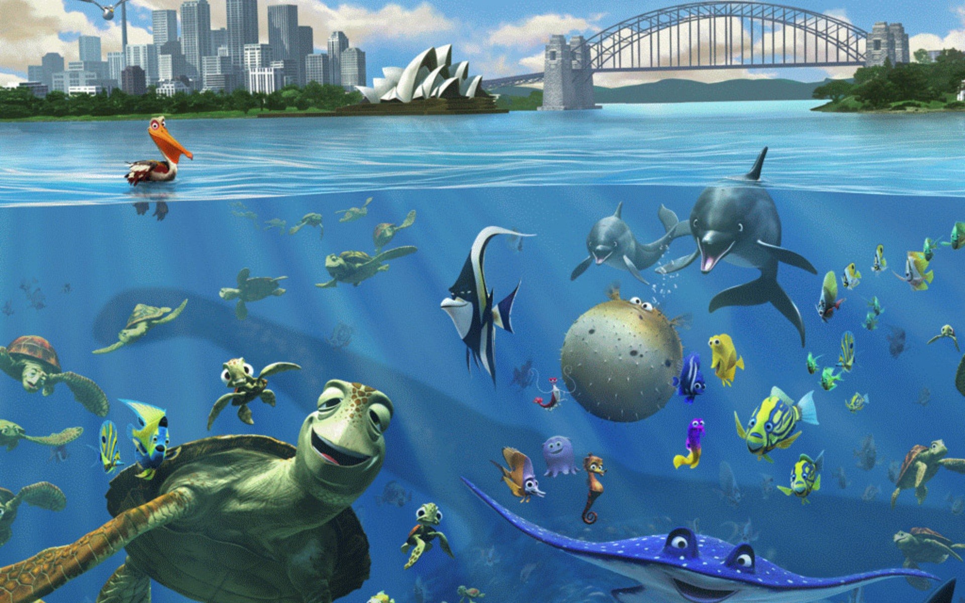General 1920x1200 Finding Nemo fish turtle sea split view Sydney Opera House Disney Pixar Animation Studios animated movies movies