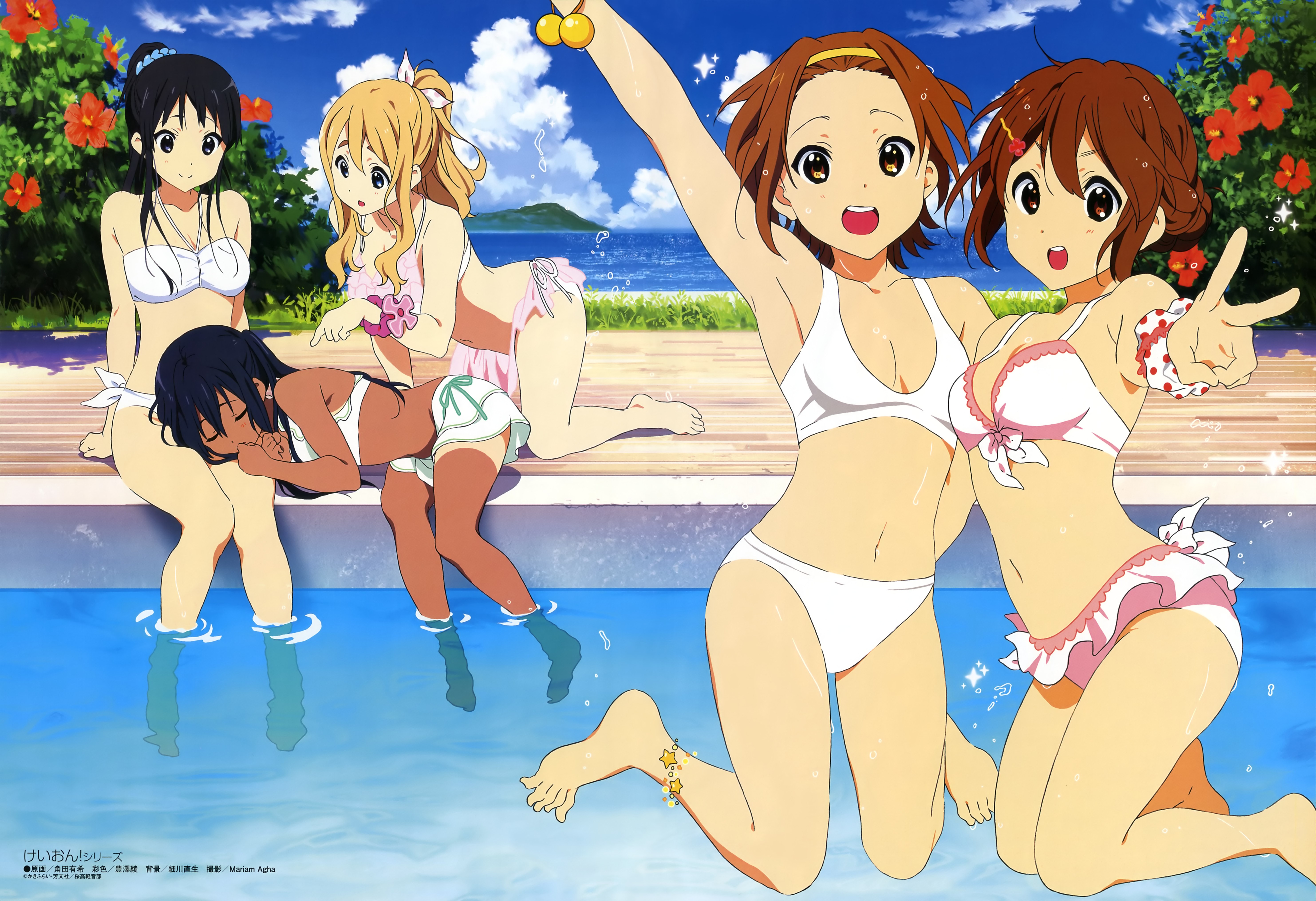 Anime 5931x4062 anime girls bikini anime K-ON! group of women women outdoors swimwear swimming pool hibiscus ponytail peace sign jumping
