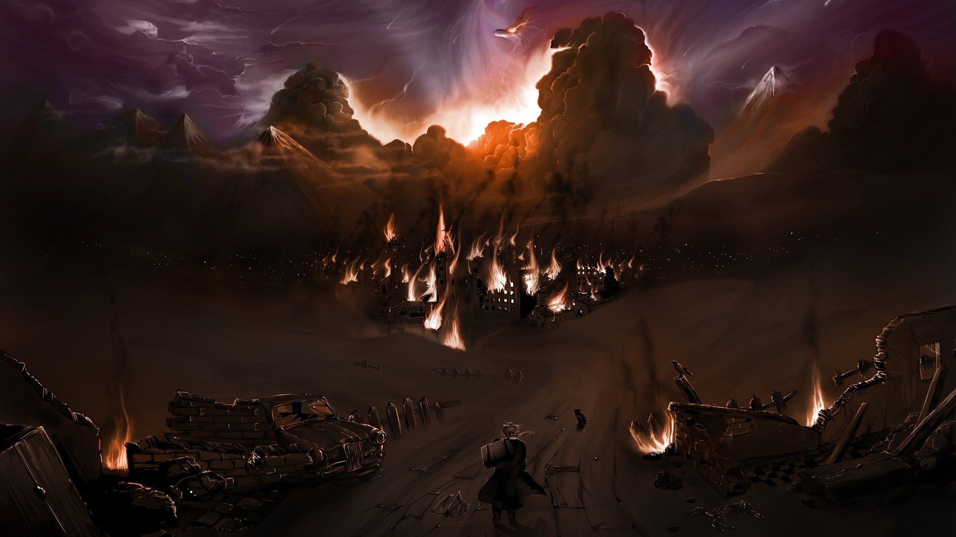 Anime 1920x1080 anime apocalyptic artwork wreck vehicle ruins fire dark