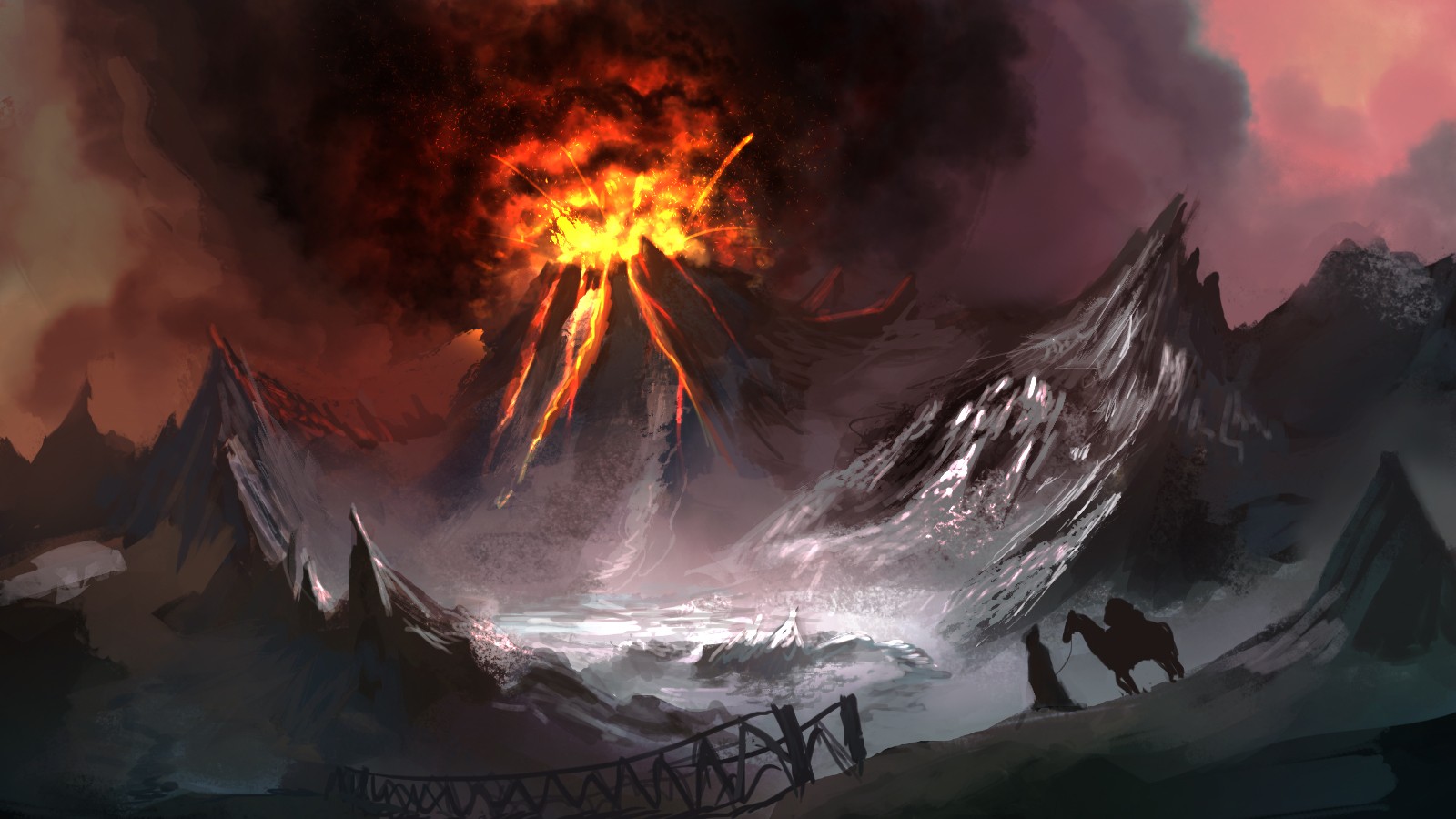 General 1600x900 volcano bridge explosion mountains fantasy art DeviantArt digital art