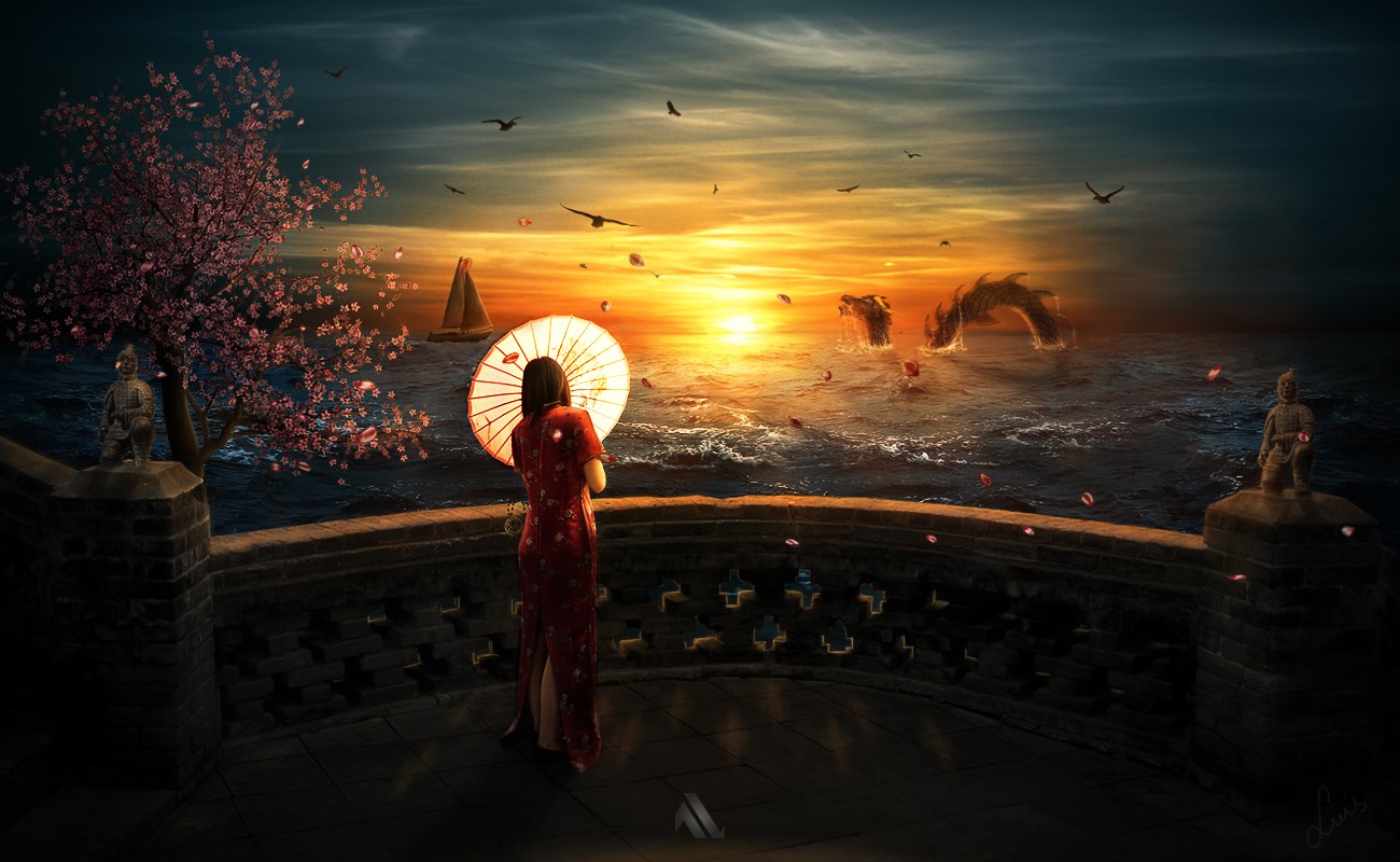 General 1300x800 anime anime girls sky umbrella fantasy art creature Chinese dragon cheongsam women dress red dress Sun