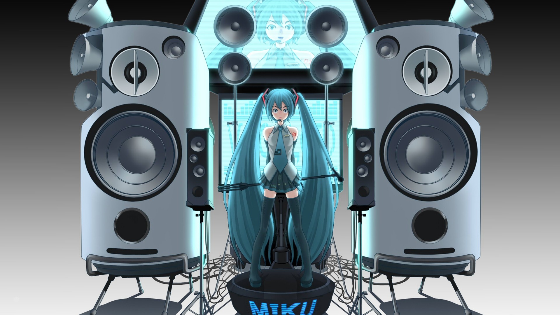 General 1920x1080 Hatsune Miku speakers anime girls anime cyan long hair audio-technica standing simple background gray background gradient tie stockings miniskirt