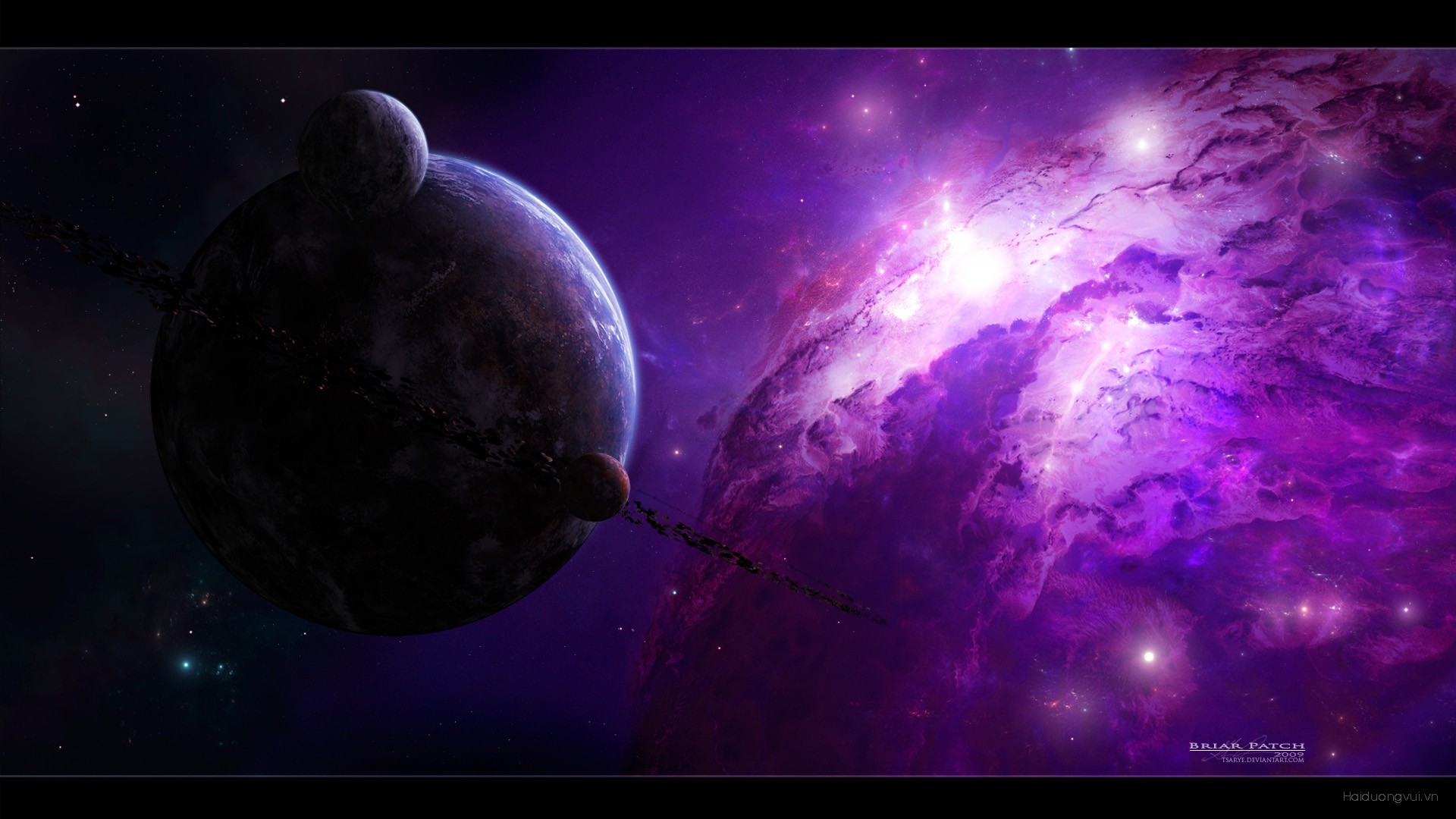 General 1920x1080 space planet nebula space art purple stars digital art