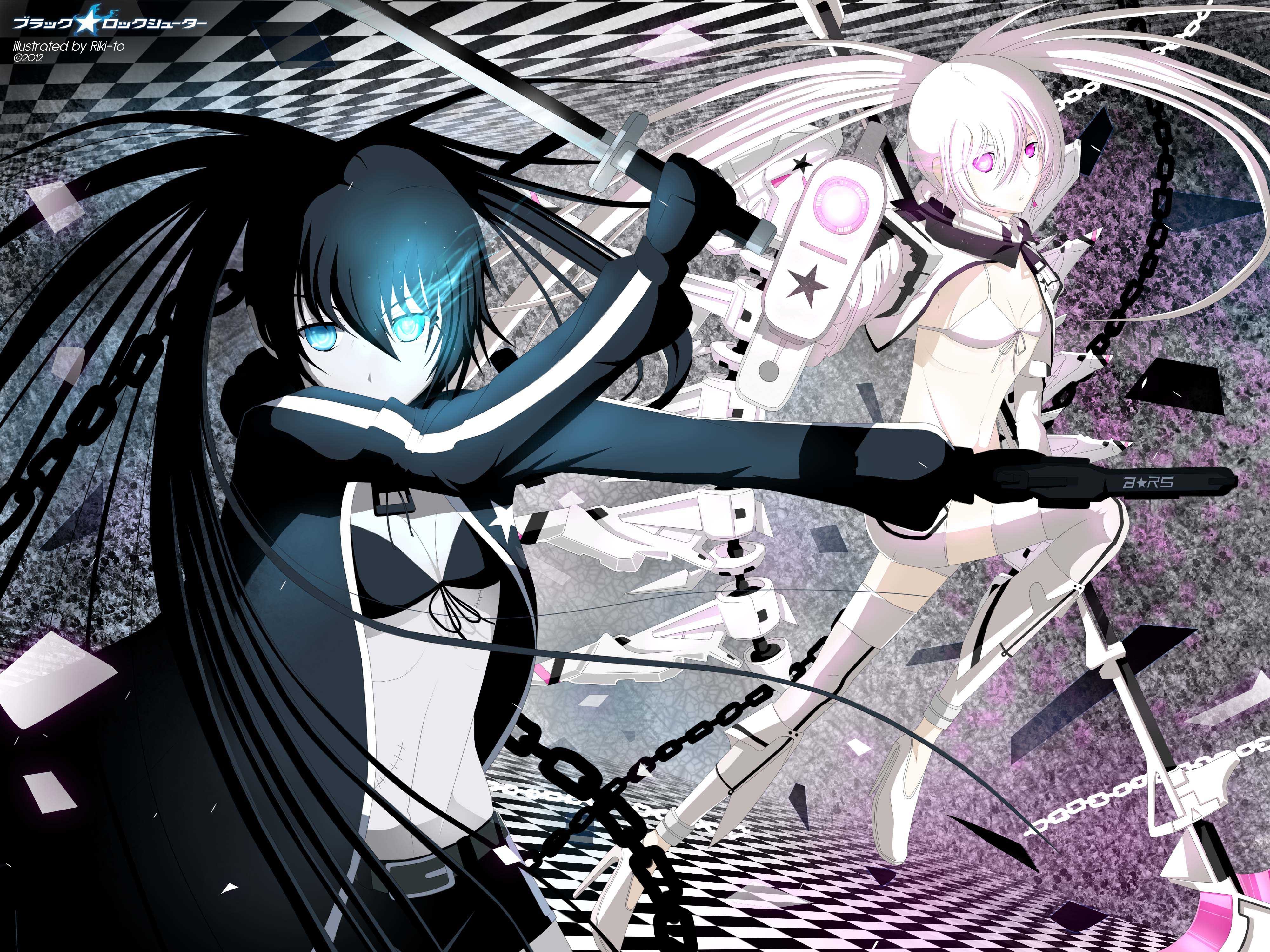 Anime 4000x3000 Black Rock Shooter anime girls anime White Rock Shooter Strength (Black Rock Shooter) women with swords blue eyes chains pink eyes long hair 2012 (Year)