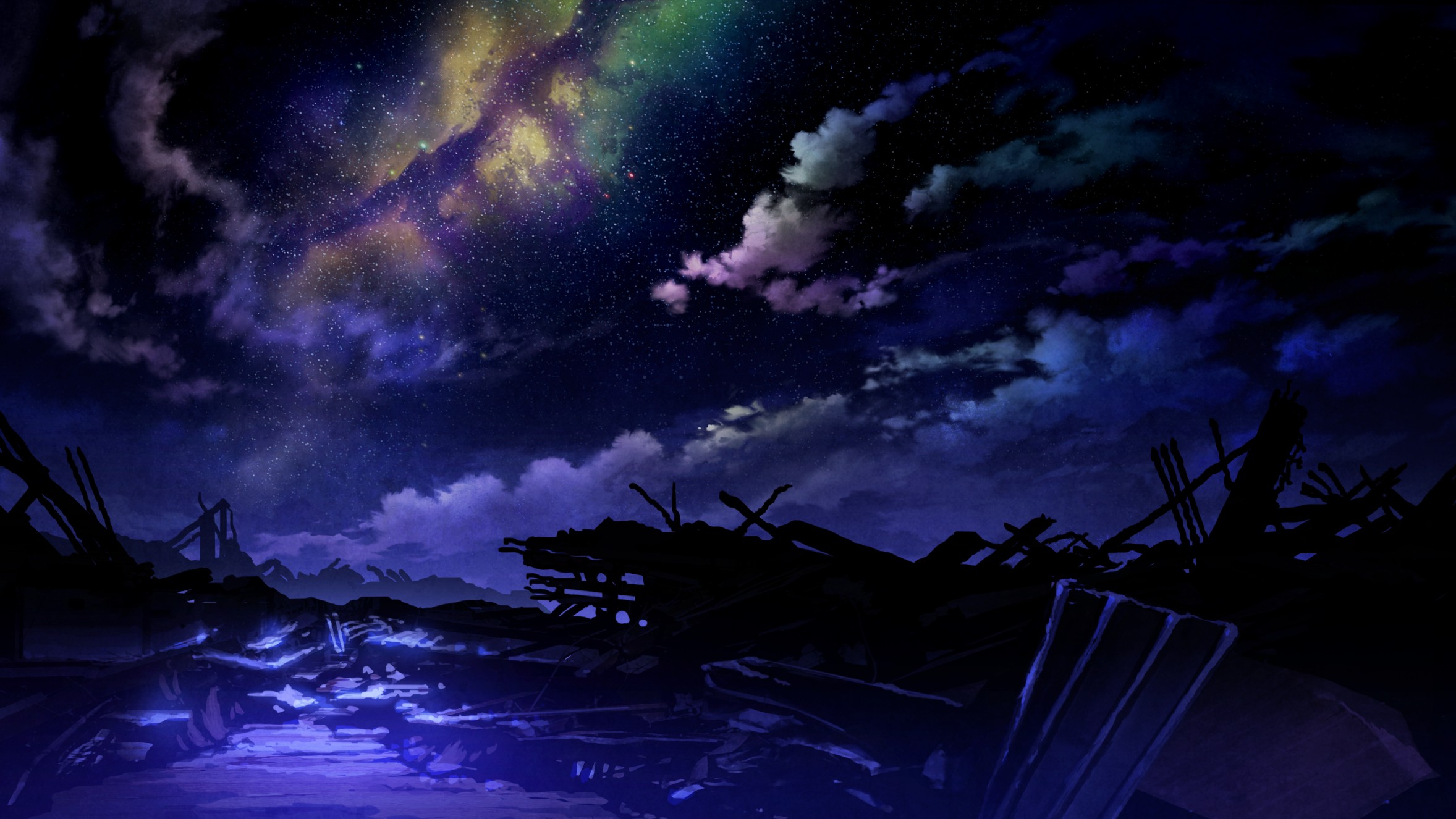 Anime 2356x1326 Technoheart anime apocalyptic fantasy art sky space stars ruins