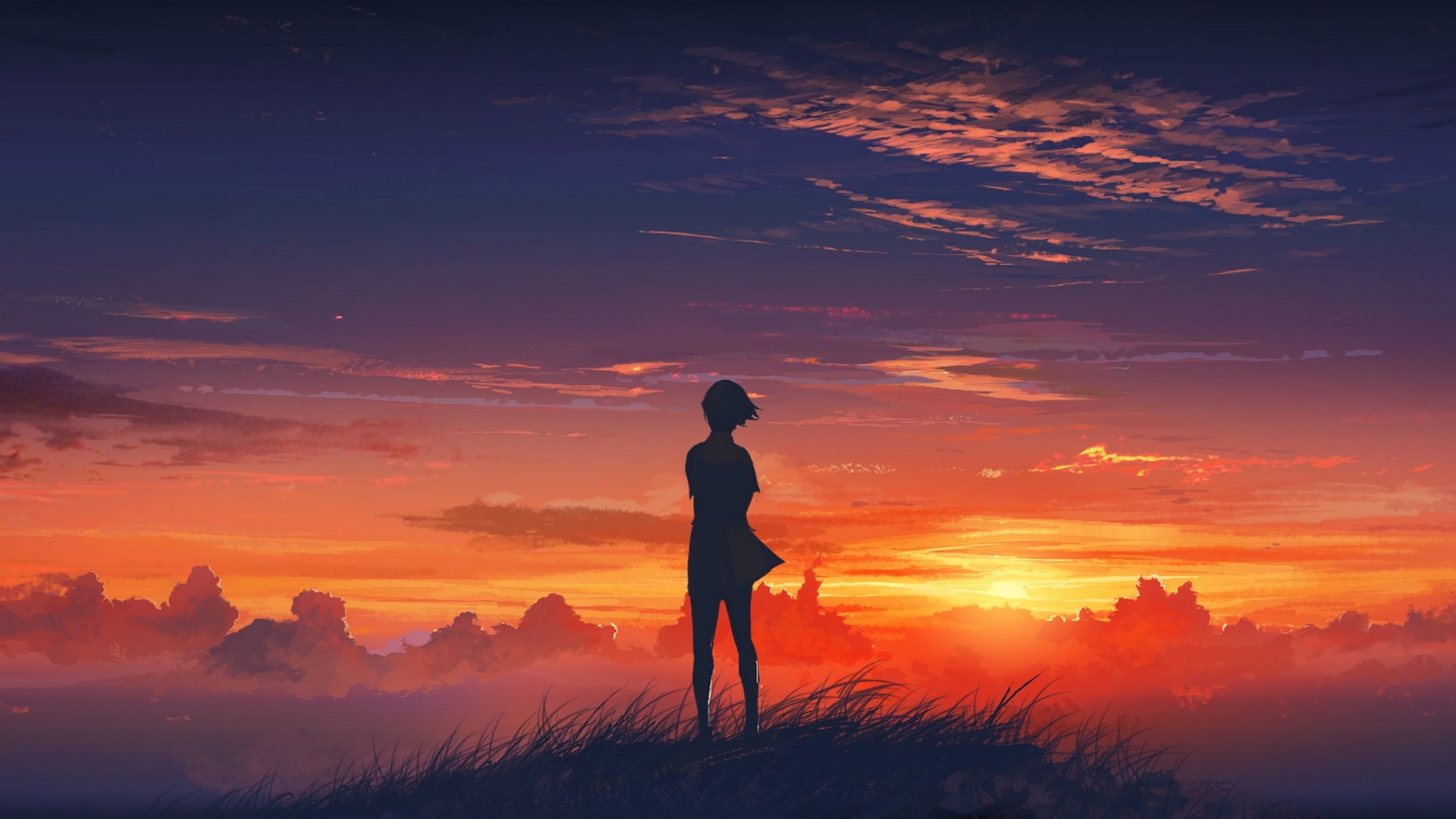 Anime 1920x1080 anime sunset nature sky anime girls sunlight clouds alone standing outdoors Katawa Shoujo Rin Tezuka silhouette